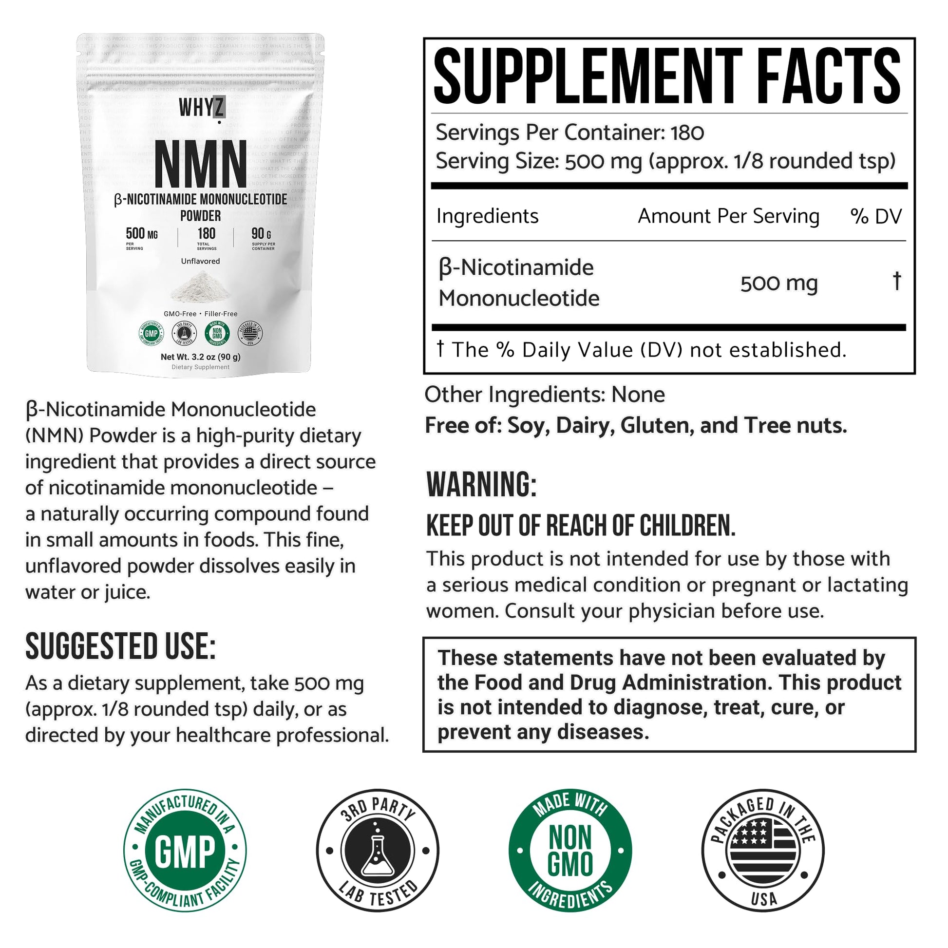 Pure NMN Powder Nicotinamide Mononucleotide Quick Dissolved NMN Supplement Powder 100% Unflavored NMN Supplement Supports NAD+ Levels Vegan Friendly Non-GMO, 90g WHYZ Au supplements