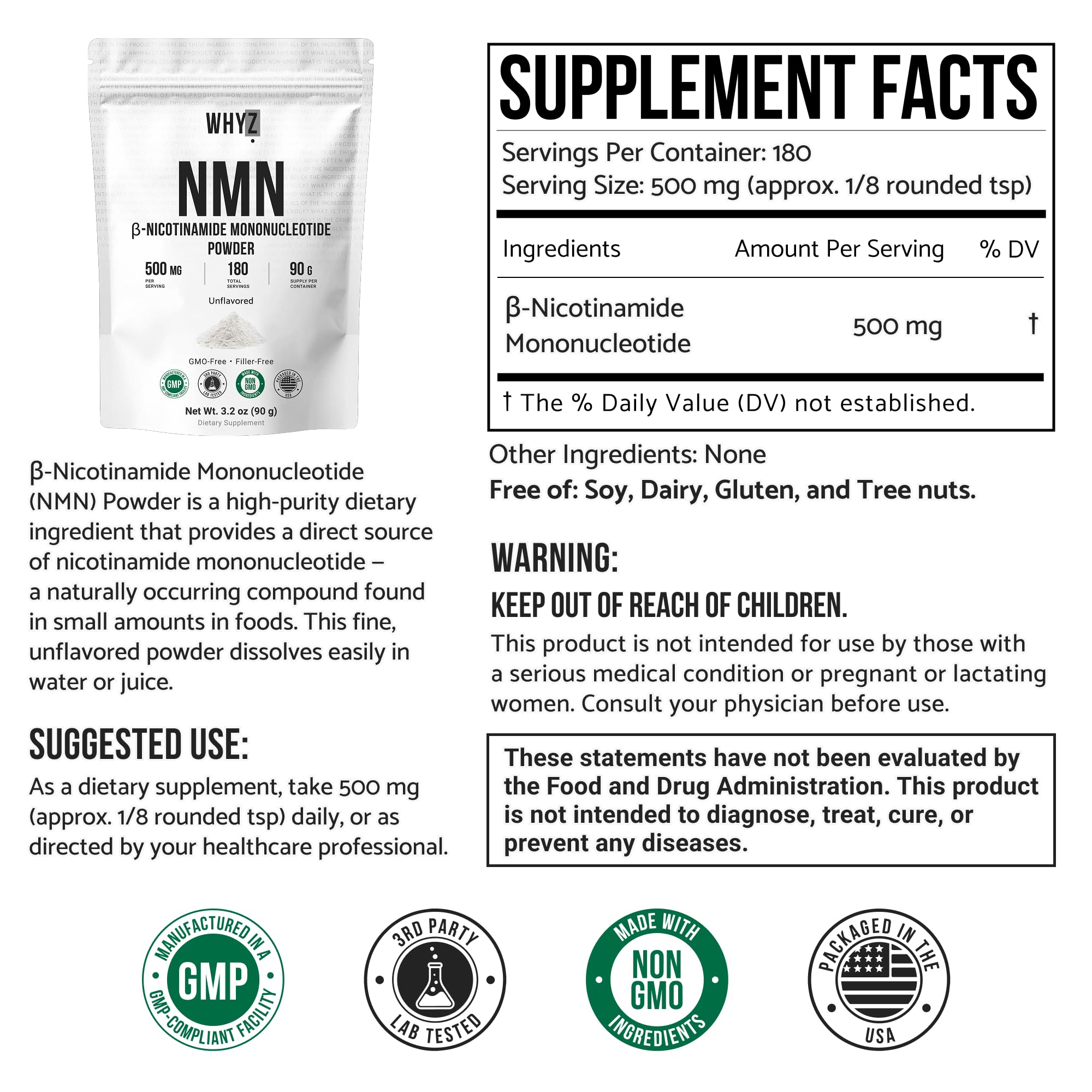 Pure NMN Powder Nicotinamide Mononucleotide Quick Dissolved NMN Supplement Powder 100% Unflavored NMN Supplement Supports NAD+ Levels Vegan Friendly Non-GMO, 90g WHYZ Au supplements