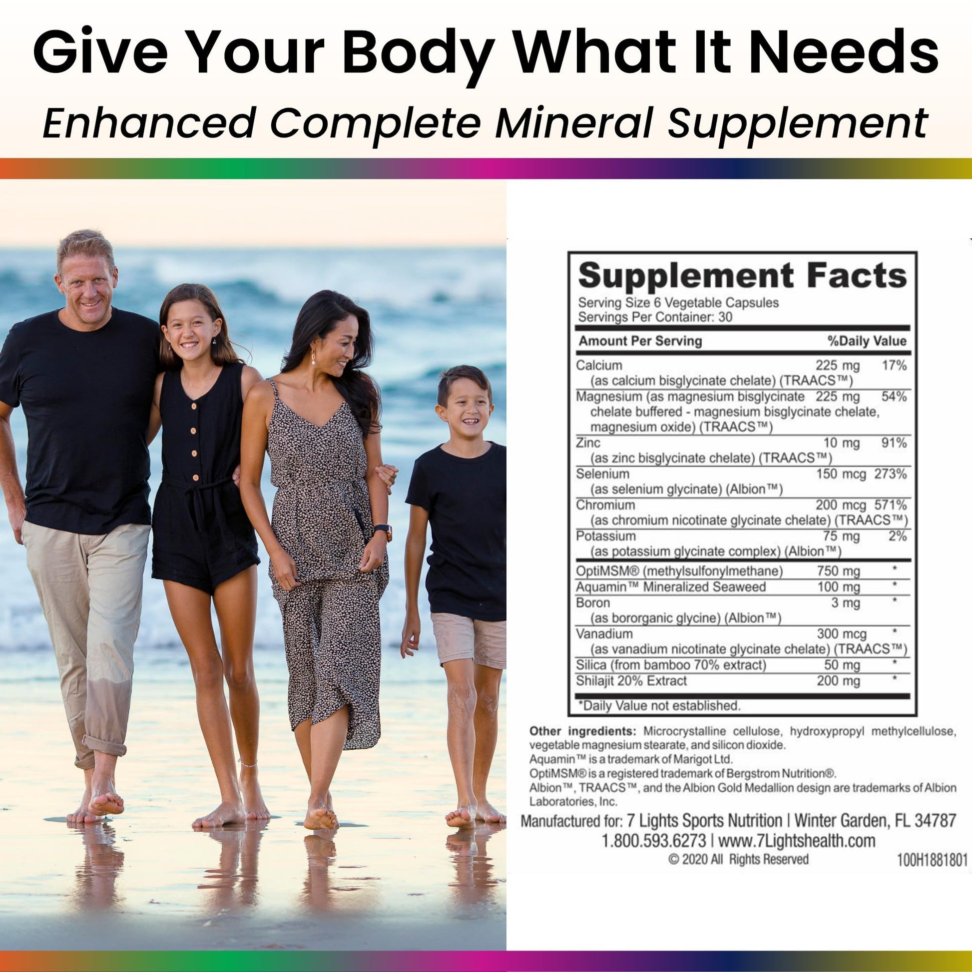 Living Stones, Complete Mineral Supplement with Zinc, Calcium, Magnesium, Selenium, Trace Minerals, No Added Iron, with MSM (Organic Sulfur) and Shilajit, Premium Absorption (30-Day Supply - 180 Caps) 7 Lights Au supplements
