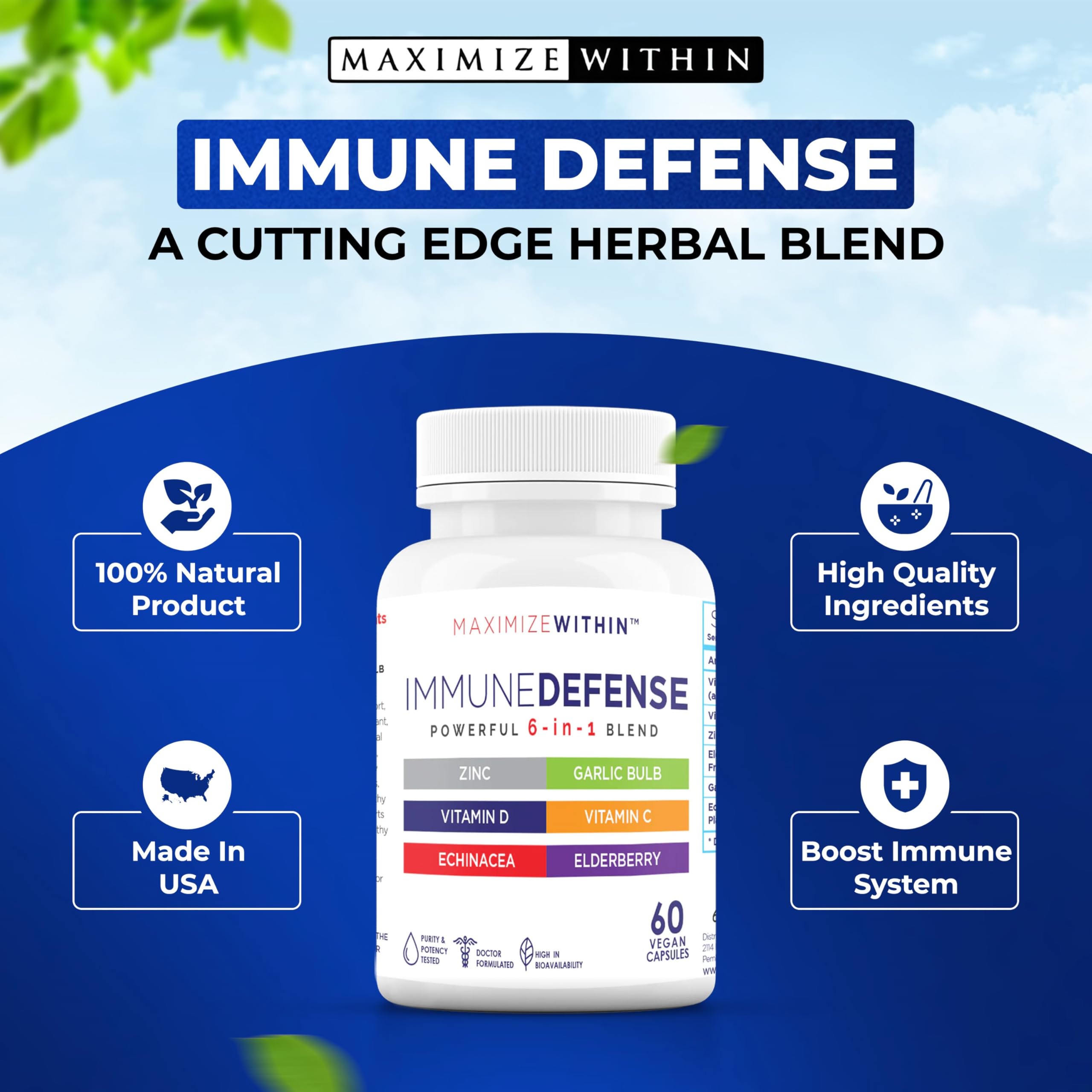 Maximum Slim Powerful 6-in-1 Immune Support Supplement with Zinc, Vitamin C, Elderberry, Vitamin D, Echinacea, & Garlic, 60 Count Maximum Slim Au supplements