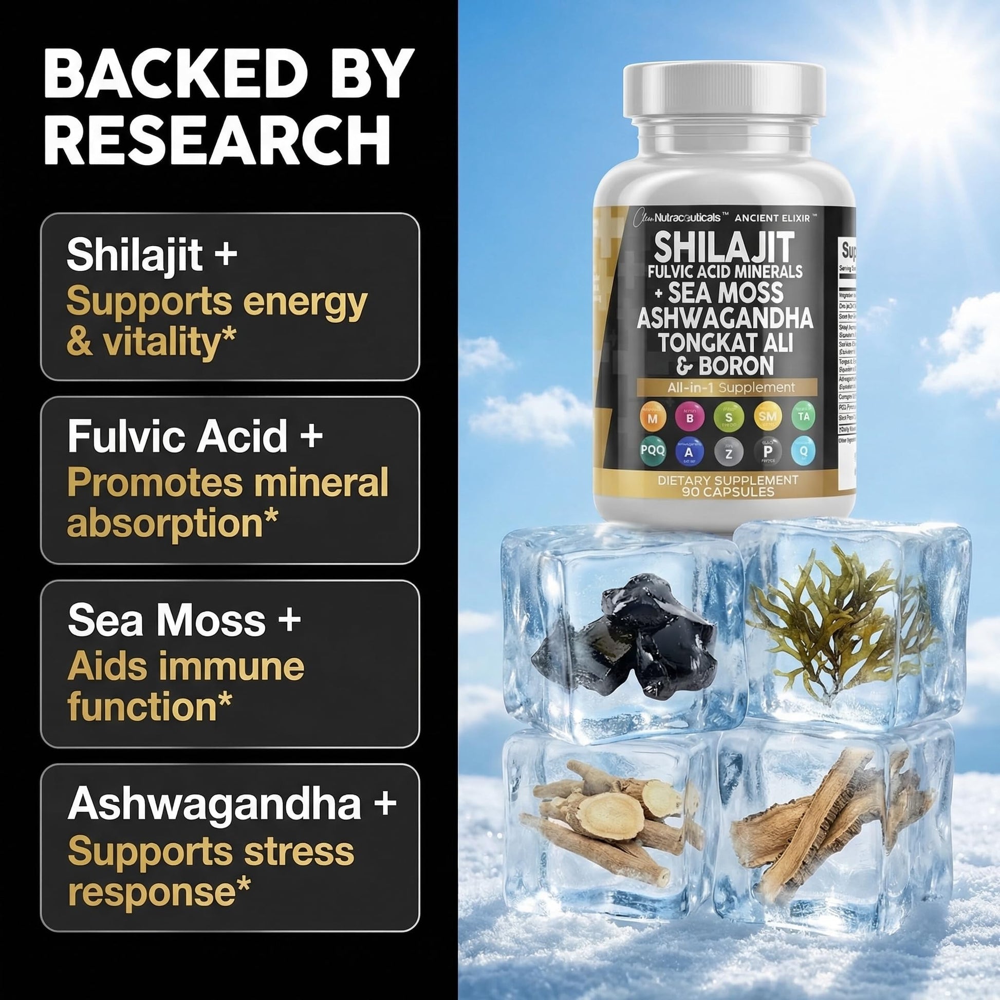 Clean Nutraceuticals Shilajit Supplement for Men with Sea Moss, Tongkat Ali, Ashwagandha, Boron, Zinc, CoQ10, PQQ - Fulvic Acid Capsules - Energy Support - 90 Count - Resin, Gummy & Powder Alternative Clean Nutraceuticals Au supplements