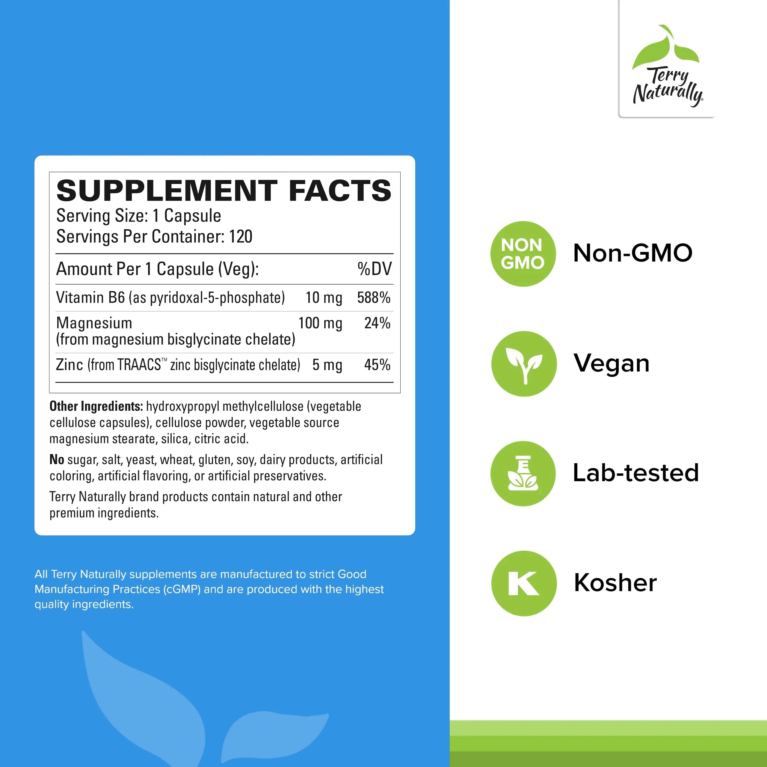 Terry Naturally BioActive Magnesium Complex - Bone & Heart Health Support - Supplement with Vitamin B6, Zinc & Magnesium - Pyridoxal-5-Phosphate Vegan Capsule Supplement - 120 Capsules Terry Naturally Au supplements