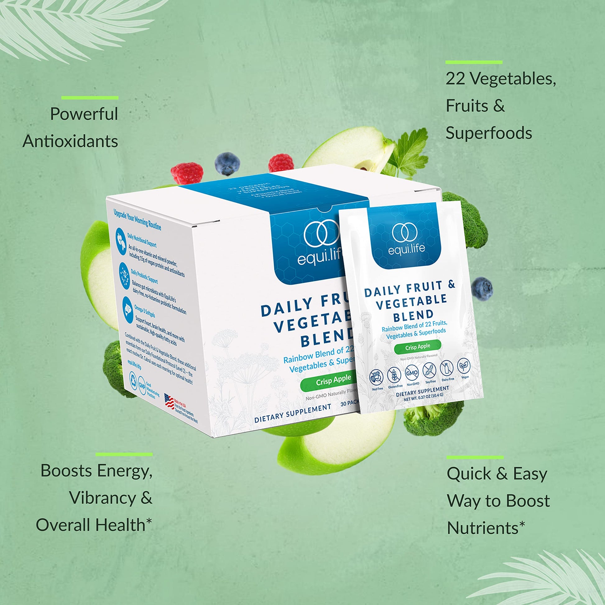 Equilife Daily Fruit & Vegetable Blend, Superfood Antioxidant Supplement, Crisp Apple Flavor with Vitamin C, Fiber, and 9 Essential Amino Acids, Supports Energy, Vegan, 14 Single Serve Packets Equilife Au supplements