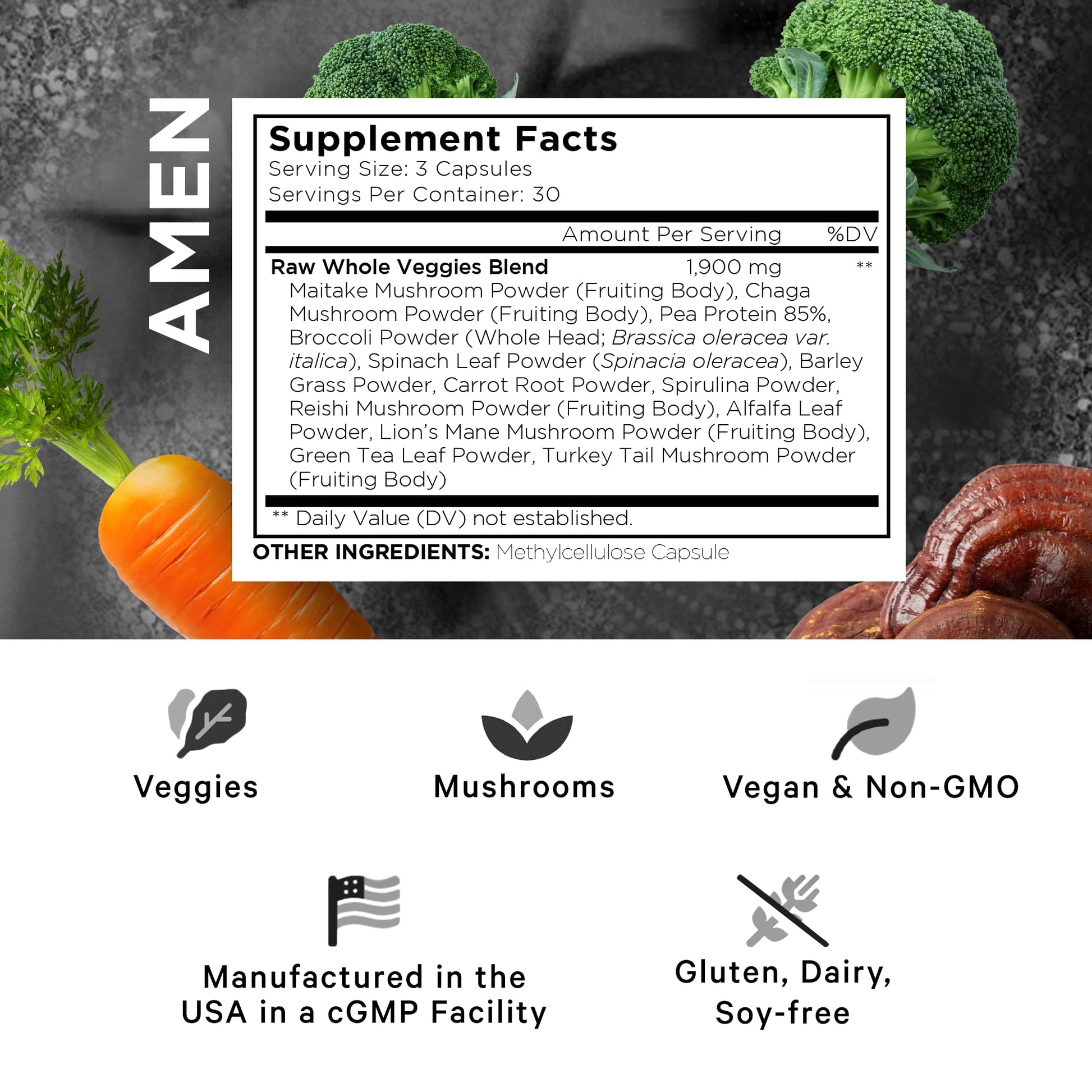 Amen Veggies, Daily Veggies Vitamins Supplement, Vegetables Vegan Blend & Whole-Food Raw Greens Multivitamin Capsules, Mushroom Complex, Superfood, Minerals, Green Vegetable Nutrients, Non-GMO, 90 ct Amen Au supplements
