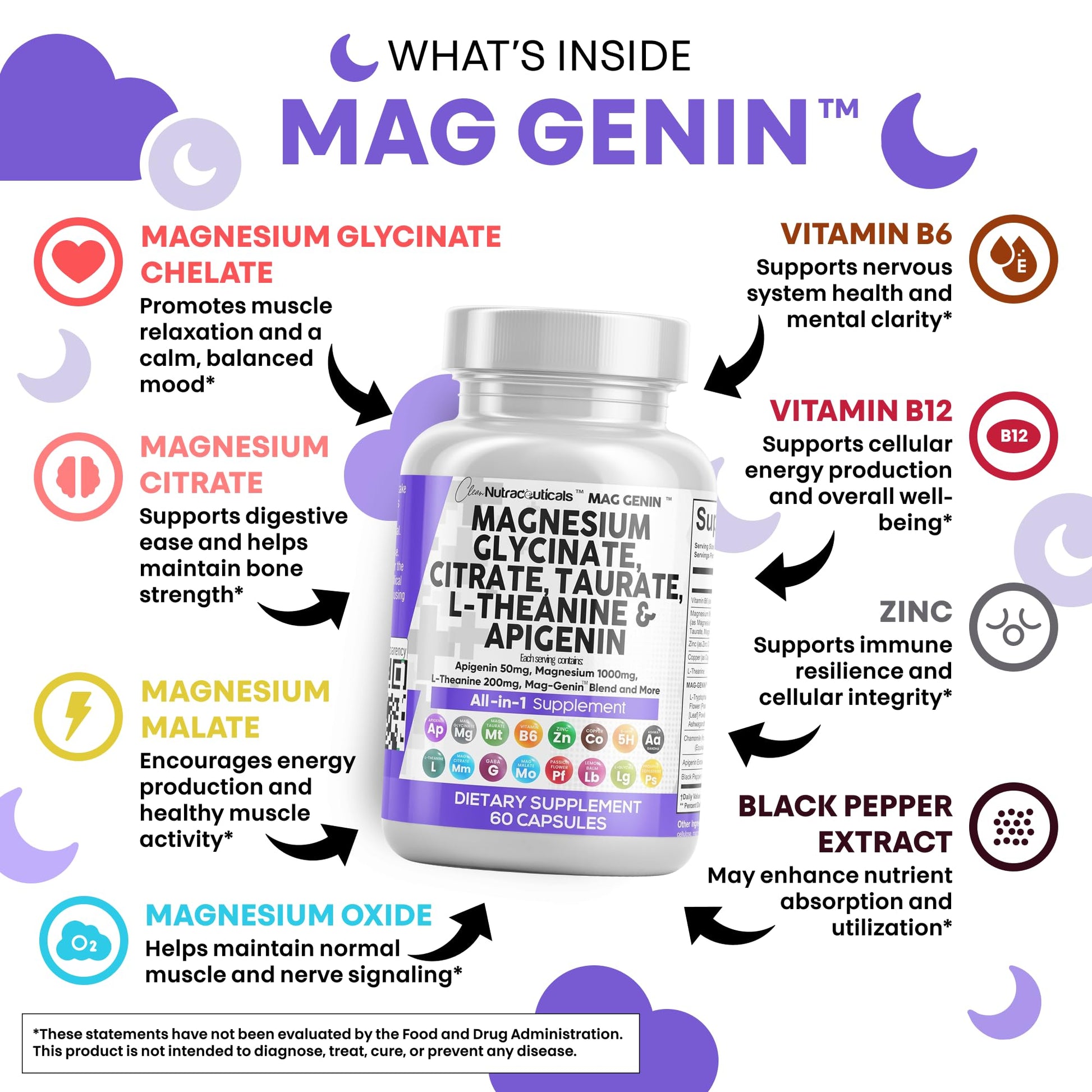 Clean Nutraceuticals Magnesium Glycinate Complex 1000mg with L-Theanine 200mg Apigenin 50mg Citrate Taurate Supplement - 5-HTP GABA Passion Flower Lemon Balm L-Glycine Phosphatidylserine - 60 Count Clean Nutraceuticals Au supplements