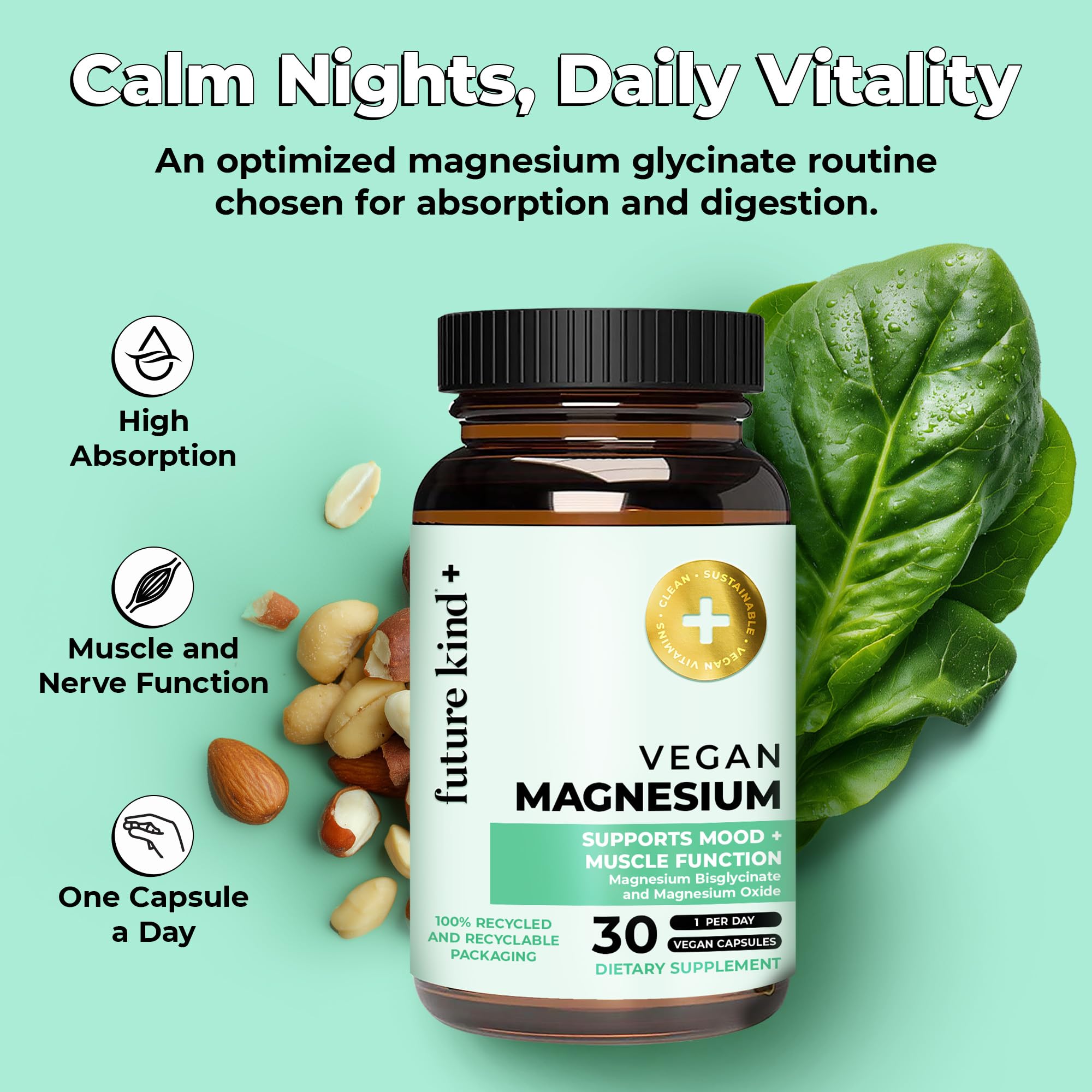 Future Kind Magnesium Glycinate, Supports Muscle and Nerve Function, High Absorption Chelated Magnesium Supplement, Nightly Calm, Energy & Metabolism, Highly Bioavailable & Potent - 30 Vegan Capsules Future Kind Au supplements