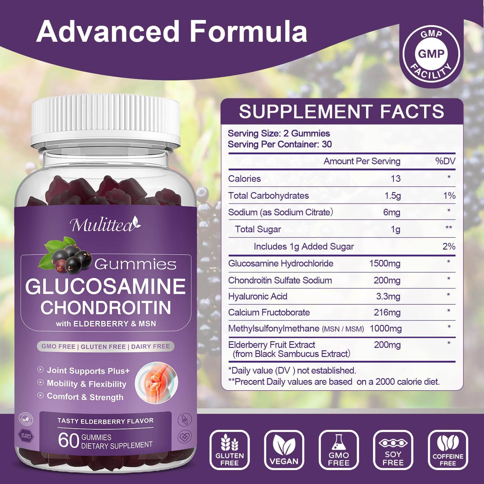 Mulittea Glucosamine Chondroitin Gummies - Extra Strength Joint Support Supplement with MSM & Elderberry for Natural Joint, Antioxidant Immune Support for Adults, Men & Women-(2 Pack) Mulittea Au supplements