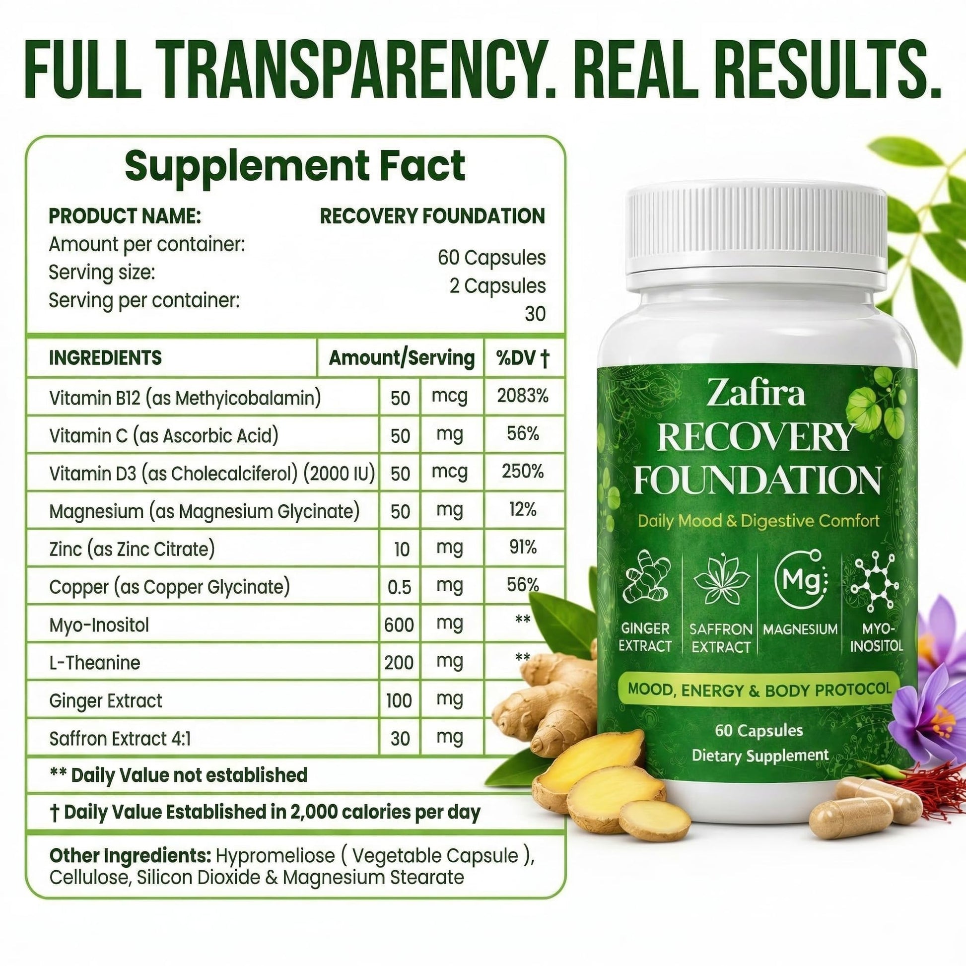 DYDUON Zafira Recovery Foundation Capsules – Mental Clarity, Hair & Mood Support, Natural Herbal Formula with Saffron Extract, Ginger Extract, L-Theanine, Myo-Inositol, Non-GMO, 60 Capsules DYDUON Au supplements
