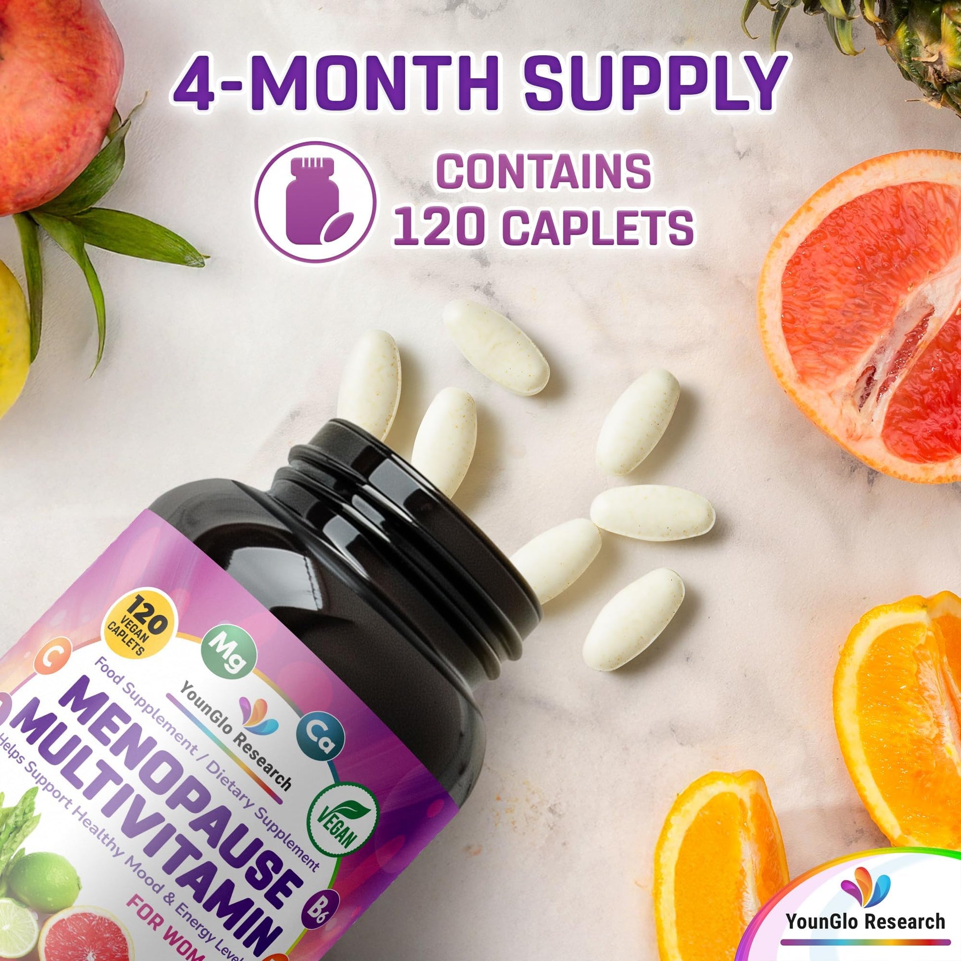 YounGlo Research Menopause Supplement - 120 Vegan Caplets - Menopause & Perimenopause Relief Support - Food and Dietary Vitamins - Multivitamin for Women YounGlo Research Au supplements