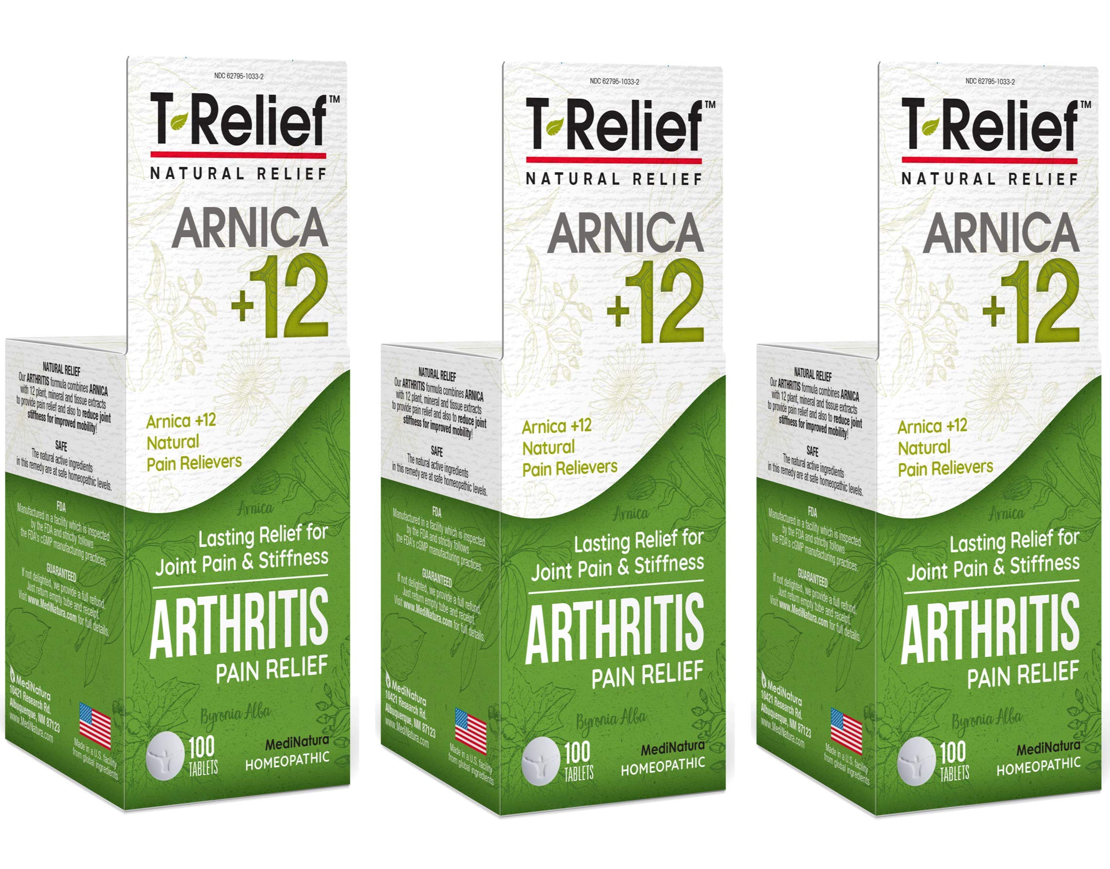 MediNatura T-Relief Extra Strength Arthritis Pain Reliever Arnica +12 Natural Medicines for Joint Soreness Stiffness Aches, Quick Dissolving Pain Relief for Women & Men - 100 Tablets (Pack of 3) MediNatura Au supplements