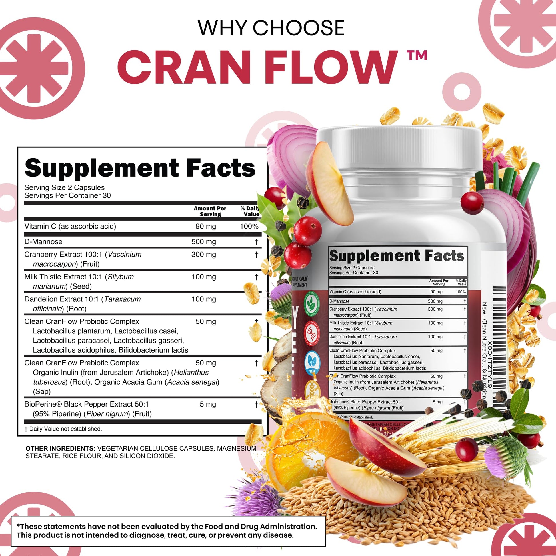 Cran Flow Cranberry Pills for Urinary Health D-Mannose Milk Thistle Dandelion Inulin Vitamin C Prebiotics and Probiotics Bladder Support By Clean Nutra Clean Nutraceuticals Au supplements
