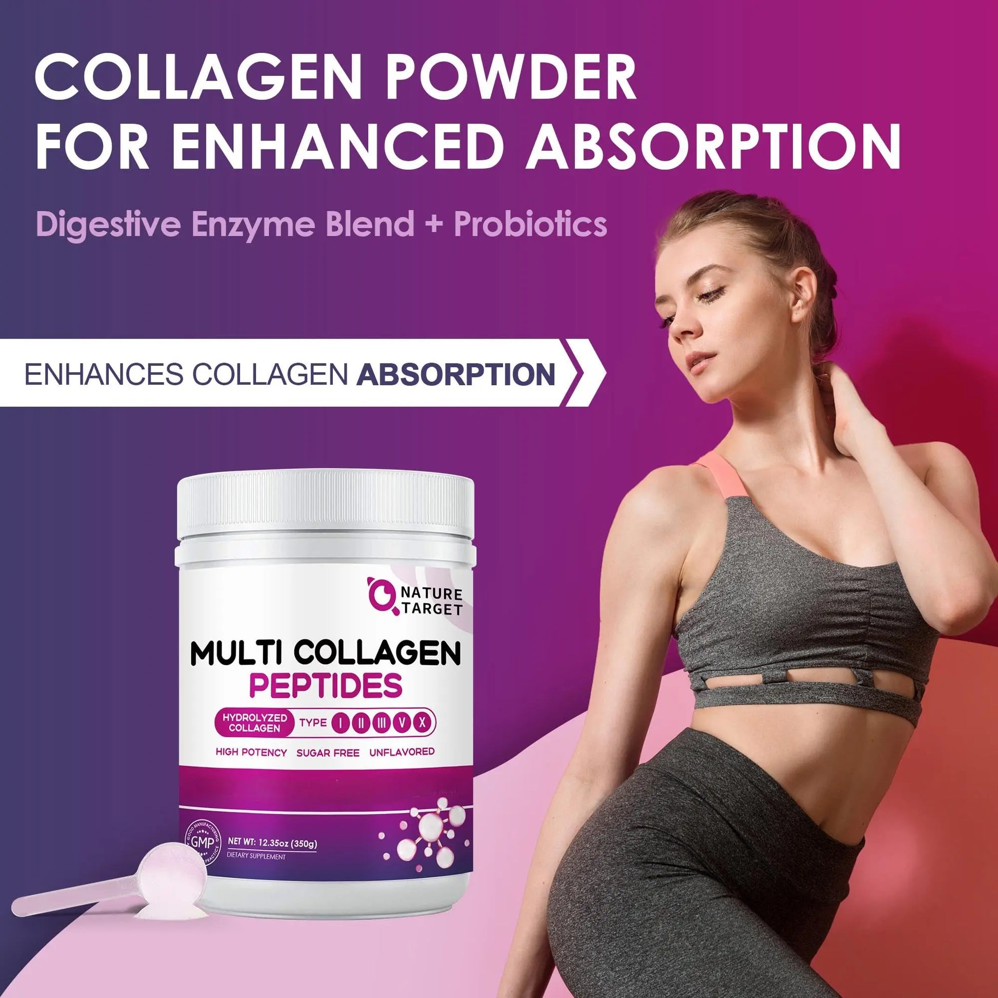 NATURE TARGET Multi Collagen Peptides Powder - Type I, II, III, V, X - Hydrolyzed Collagen Peptides with Vitamin C Hyaluronic Acid, Supports Skin Hair Nail & Joint NATURE TARGET Au supplements