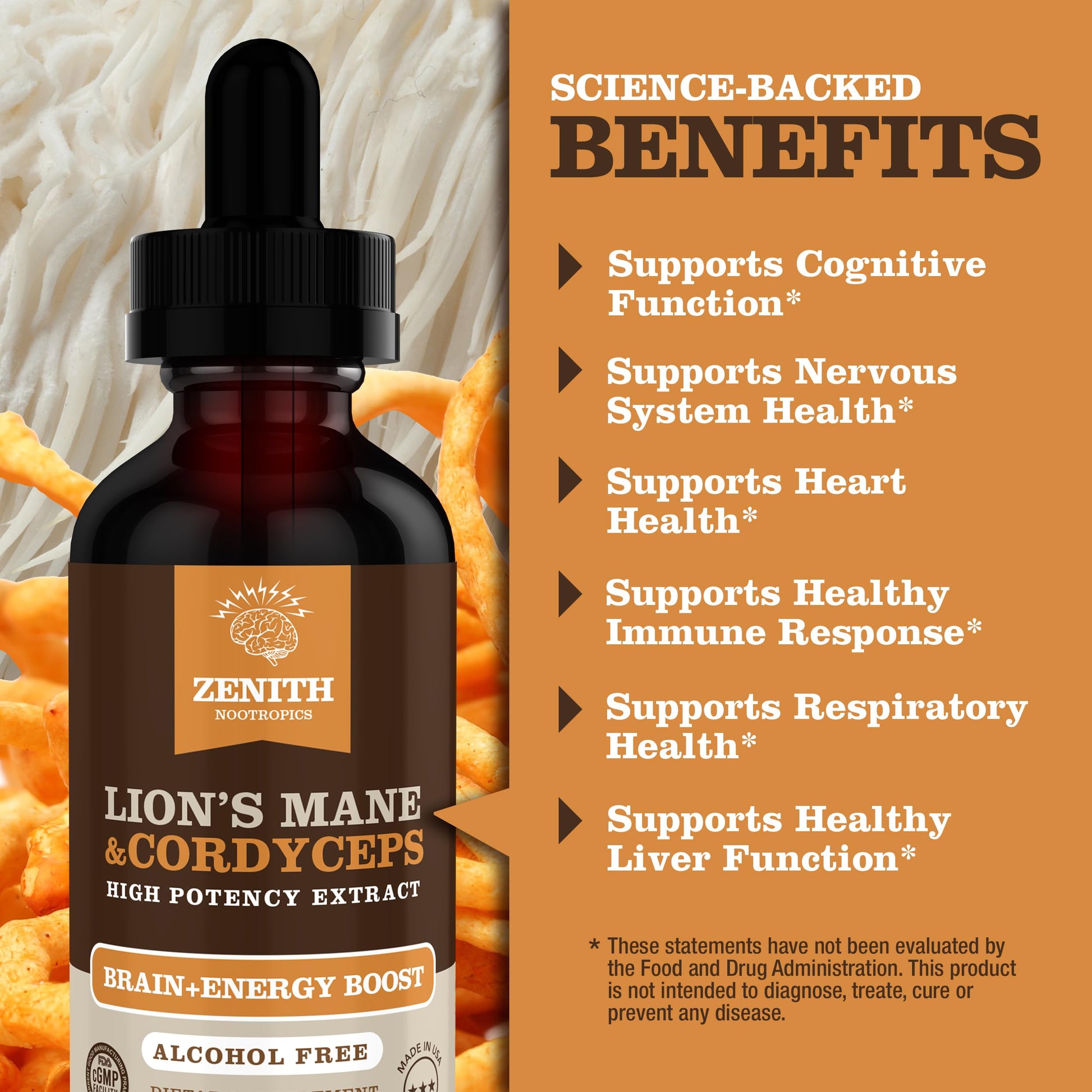 Zenith Nootropics Lion’s Mane & Cordyceps Supplement – Brain & Energy Support – Focus, Memory, Clarity, Immunity – Vegan, Alcohol-Free Tincture – Up-to 2-Month Supply, 2 fl oz Zenith Nootropics Au supplements