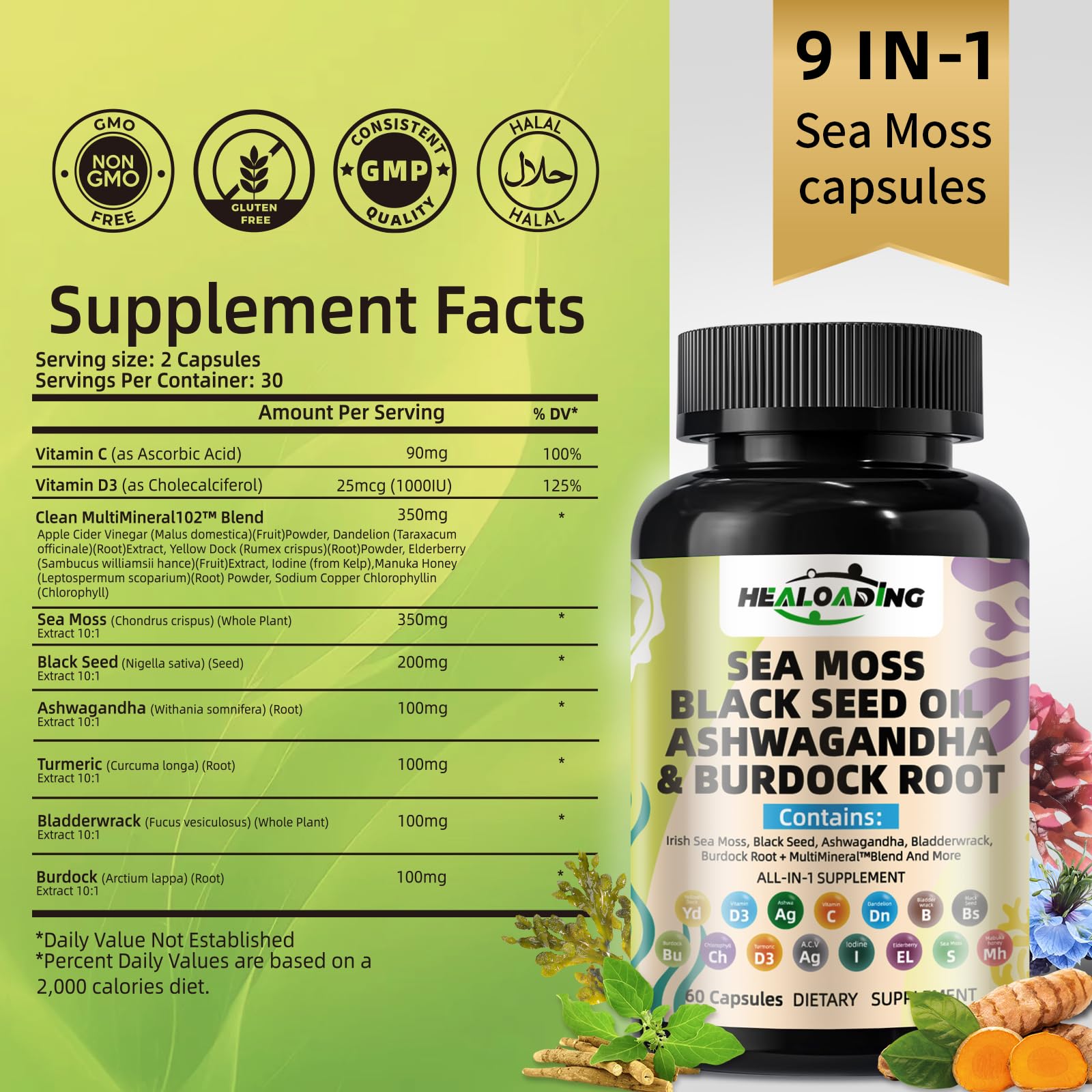 HEALOADING Sea Moss Capsules：Wildcrafted Organic Irish Seamoss & Bladderwack - Rich in Minerals, Supports Thyroid Health, Digestion, Skin & Immune System - Vegan, Non-GMO HEALOADING Au supplements