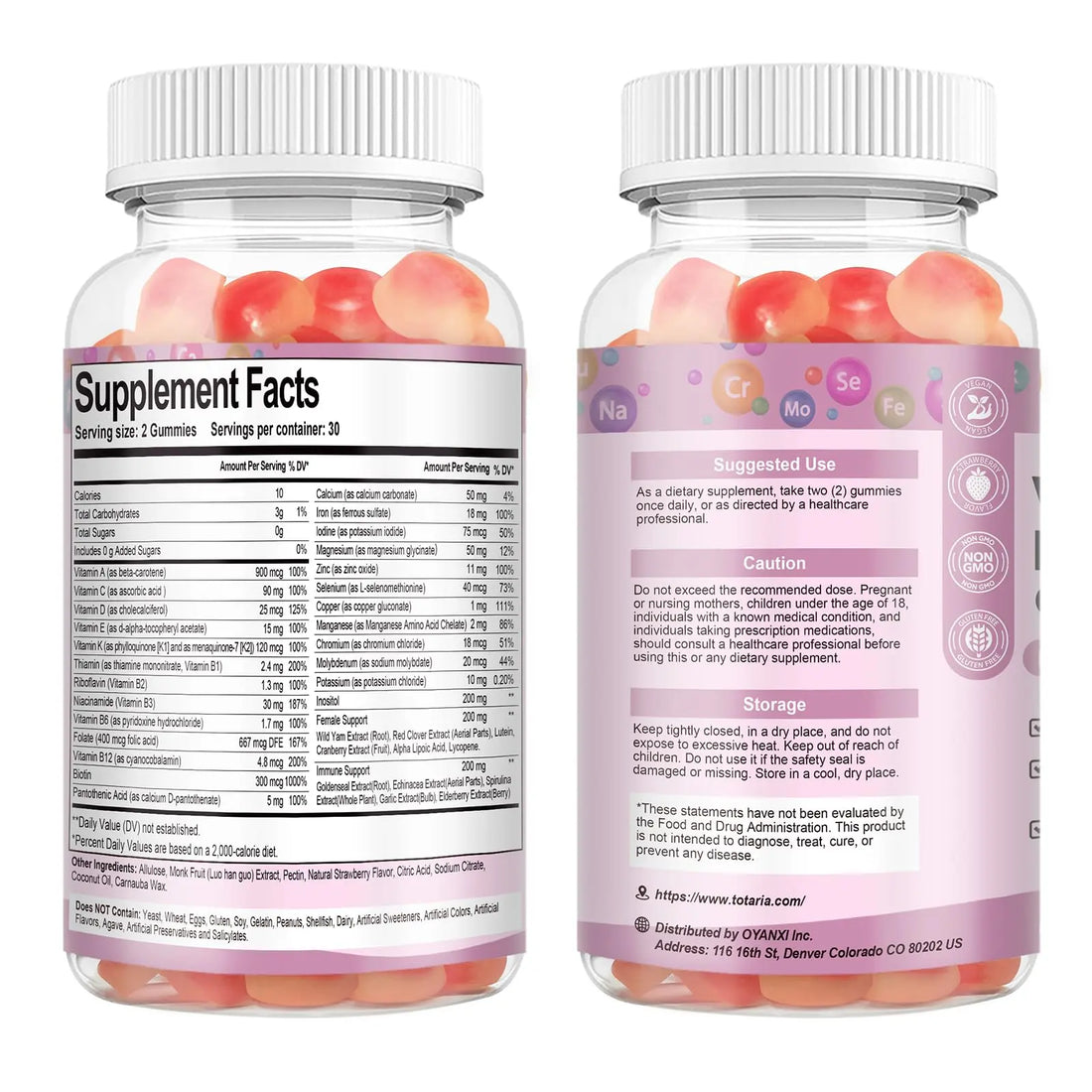 Totaria Sugar Free Multivitamin Gummies for Women 14+ w/Iron, Inositol, Folate, Biotin, Womens Daily Multivitamin Gummy w/Vitamin A, C, B, D3, K2 Totaria Au supplements