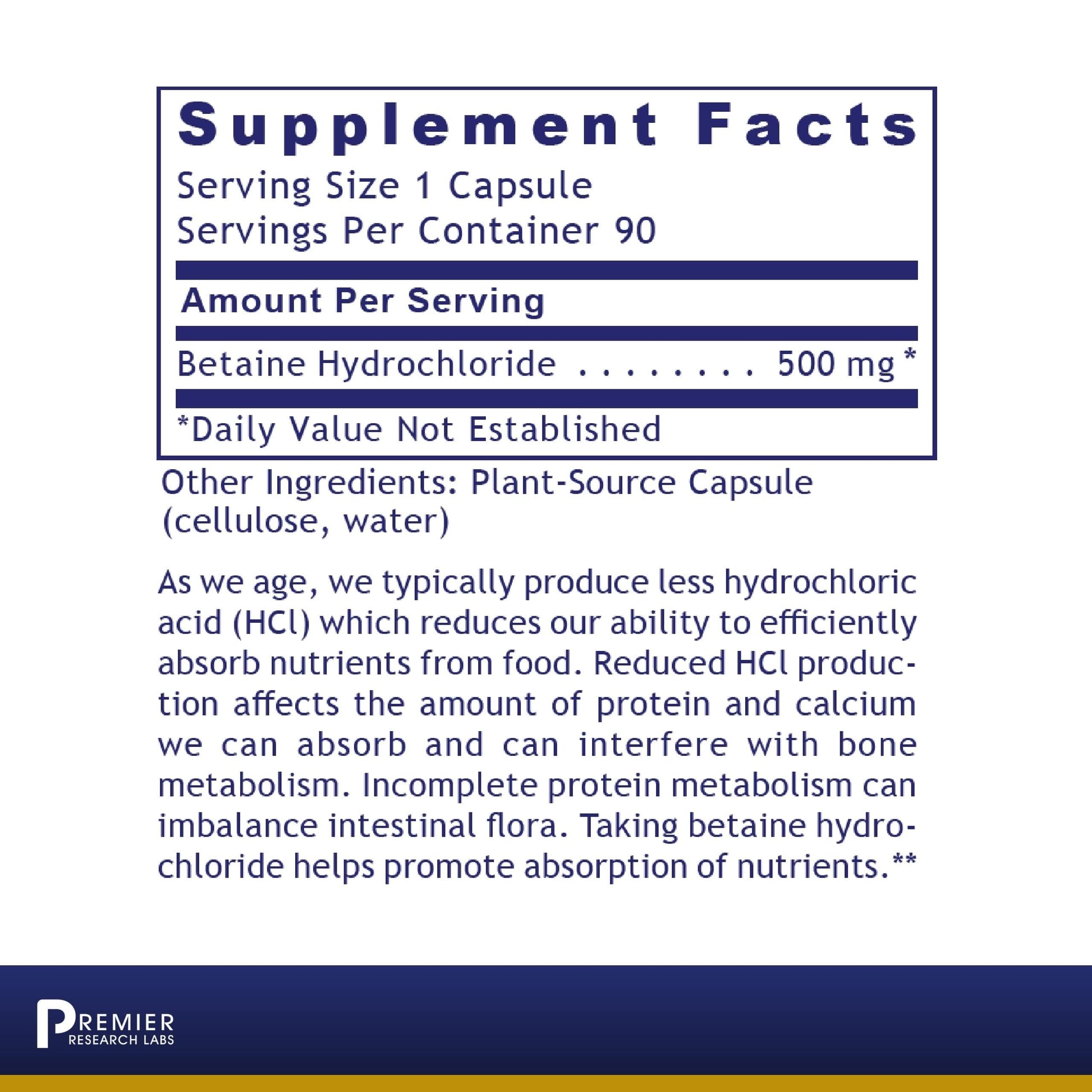 Premier Research Labs Premier HCL - Betaine HCL, Betaine Hydrochloride Supplement for Optimal Digestive Function, Nutrient Absorption, Betaine-HCL for Low Stomach Acid- 90 Vegetarian Capsules Premier Research Labs Au supplements