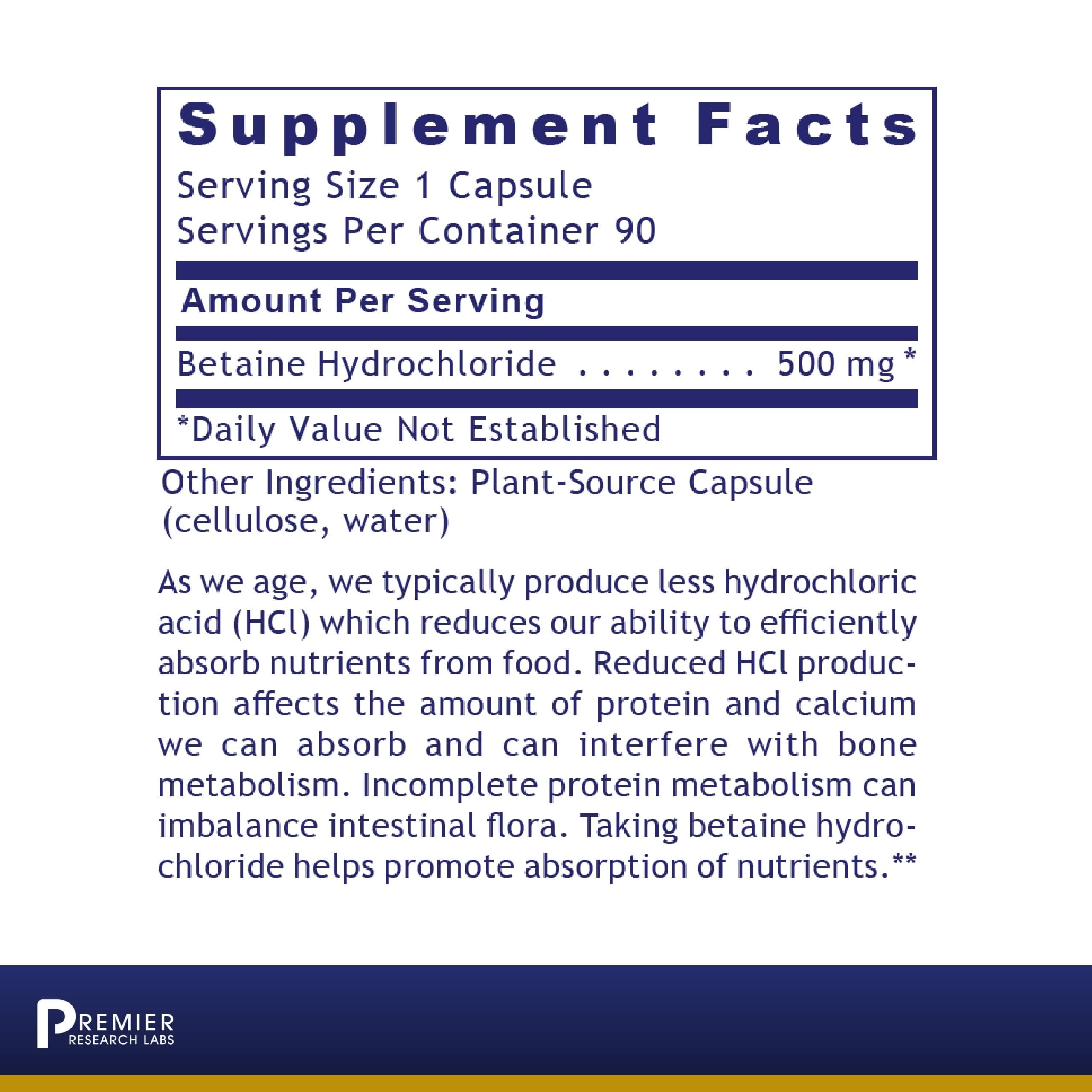 Premier Research Labs Premier HCL - Betaine HCL, Betaine Hydrochloride Supplement for Optimal Digestive Function, Nutrient Absorption, Betaine-HCL for Low Stomach Acid- 90 Vegetarian Capsules Premier Research Labs Au supplements