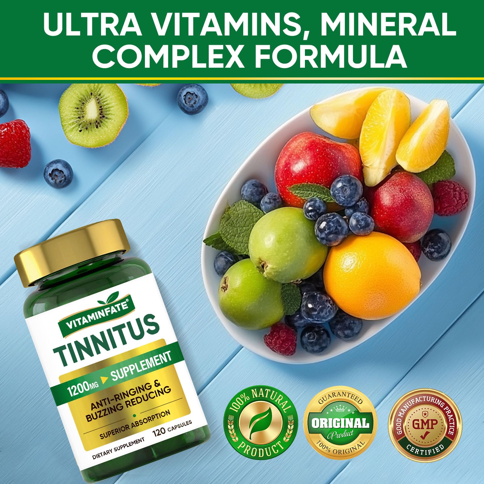 Tinnitus Relief for Ringing Ears 1200mg - 120 Capsules Advanced Ear Health Support Supplement | Supports Ear Health and Reduces Tinnitus Symptoms - Non-GMO & Vegan VITAMINFATE Au supplements