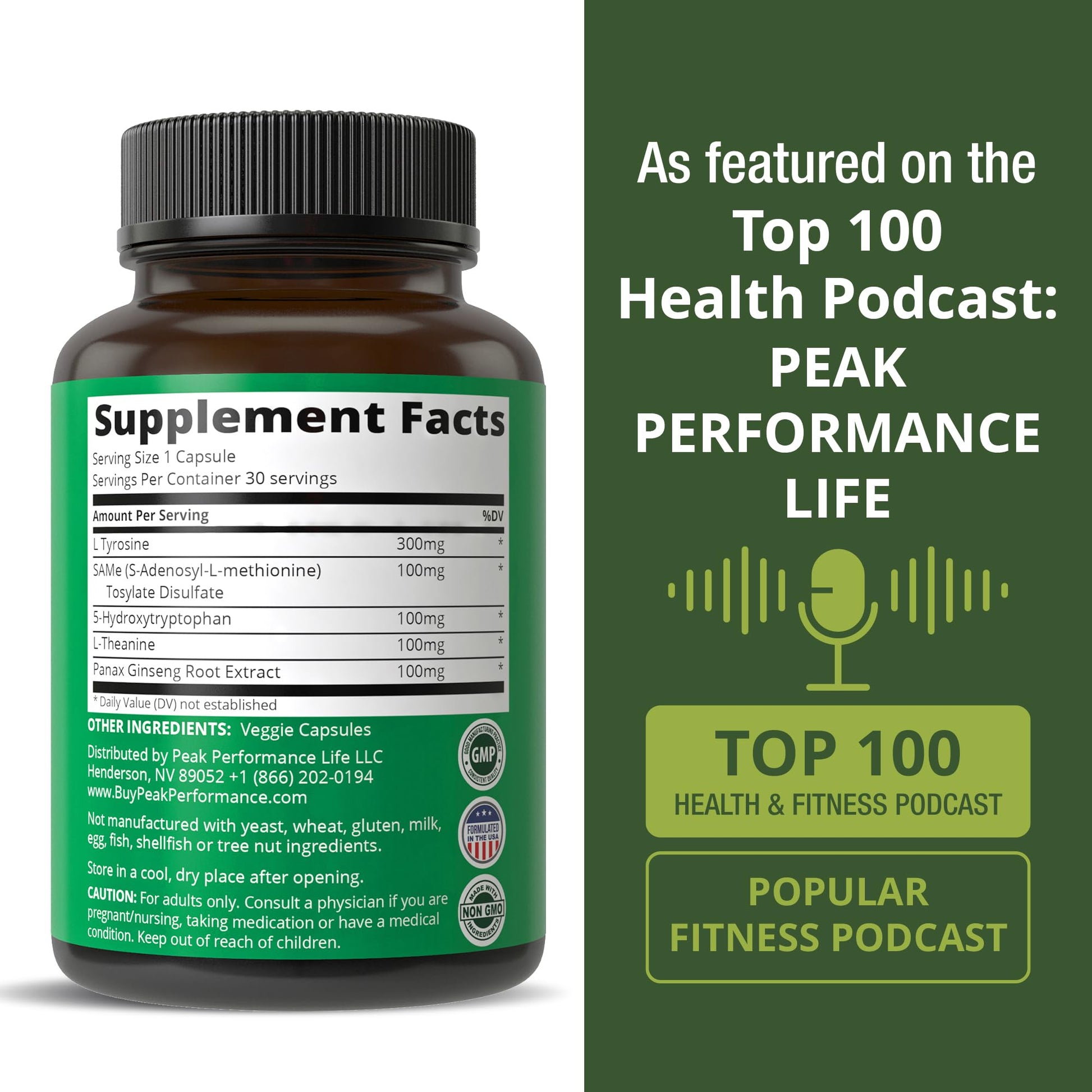 Peak Performance Mood Support Supplement with 5 Top Ingredients: 5HTP, SAM e, L Tyrosine, L Theanine, and Panax Ginseng. Calm, Focus, Relaxation Supplements. Vegan Peak Performance Au supplements