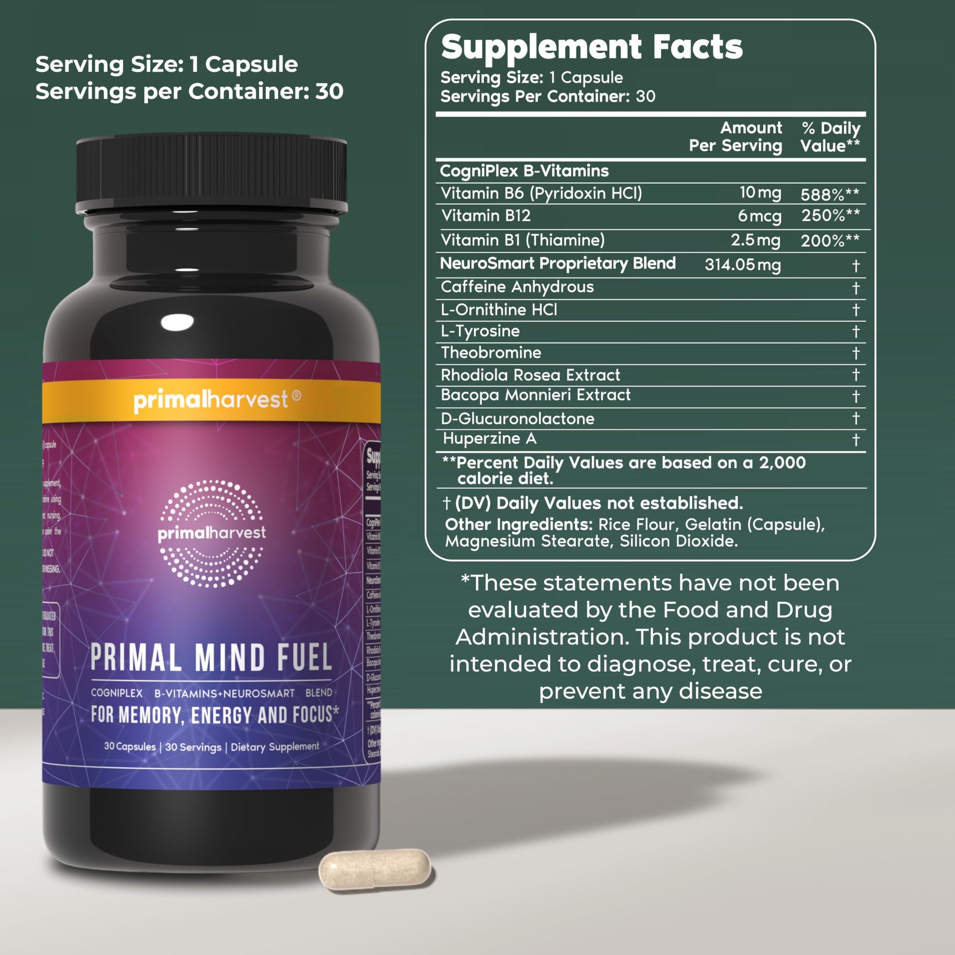 Brain Supplement by Primal Harvest, Primal Mind Fuel Brain Booster for Focus, Energy, Clarity, and Brain Health 30 Capsules Nootropics Brain Support Supplement for Men and Women Primal Harvest Au supplements