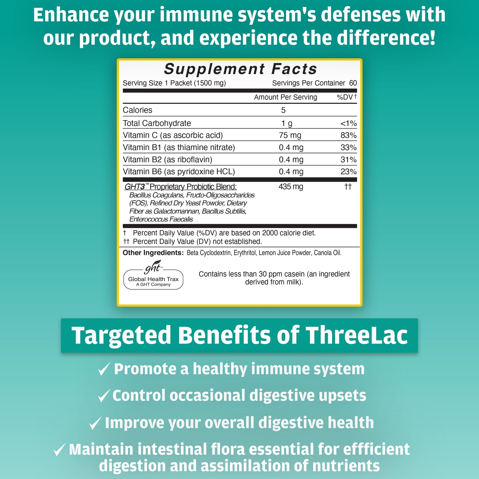 GHT - ThreeLac Lemon Probiotic Drink Mix for Digestive Health - Advanced Probiotic Powder Formula for Men, Women, and Kids - Immune Support & Gut Balance, Non-GMO - 240 Packets ght Global Health Trax Au supplements