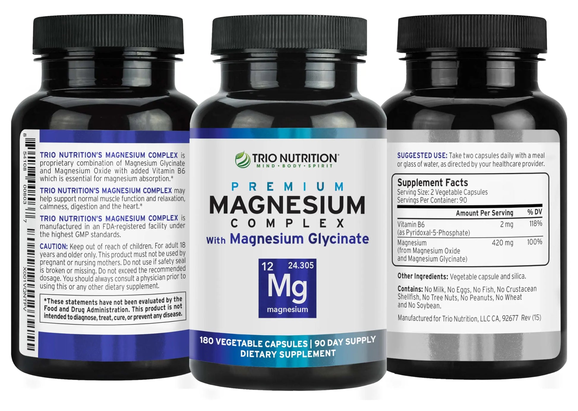 Trio Nutrition Magnesium Complex 90 Day Supply 420 mg | Natural Calm, Relax, Stress Relief, and Muscle Recovery |Magnesium Glycinate Supplement with Vitamin B6 for Rapid Absorption* TRIO NUTRITION Au supplements