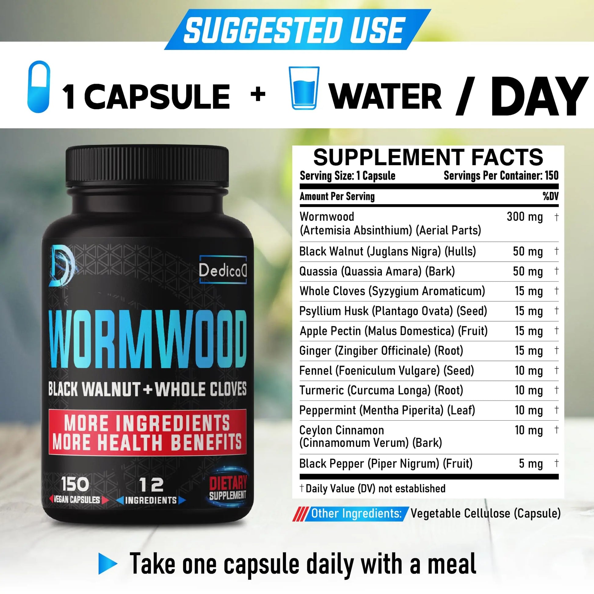 DEDICAD Premium Wormwood Extract Capsules - 5 Month Supply for Immune - 12 Herbs Blended with Black Walnut Leaves, Ginger, Turmeric & More - 150 Counts DEDICAD Au supplements