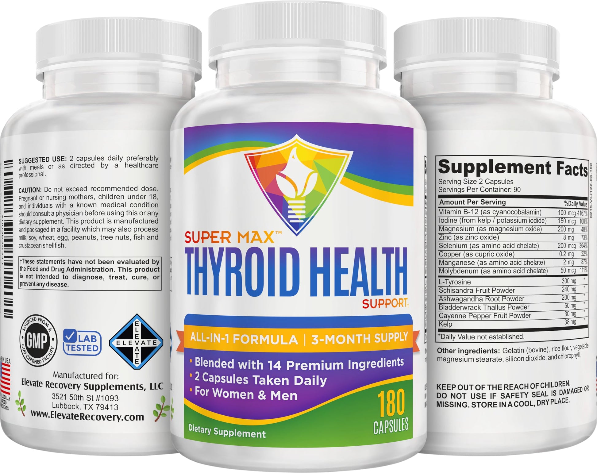 Thyroid Support (3-Month) Supplement All-in-1 with 14 Active Ingredients in 1 Formula | Thyroid Health Support Supplements | Women & Men | 90-Day Bulk Supply | 180 Capsules Elevate Recovery Supplements Au supplements