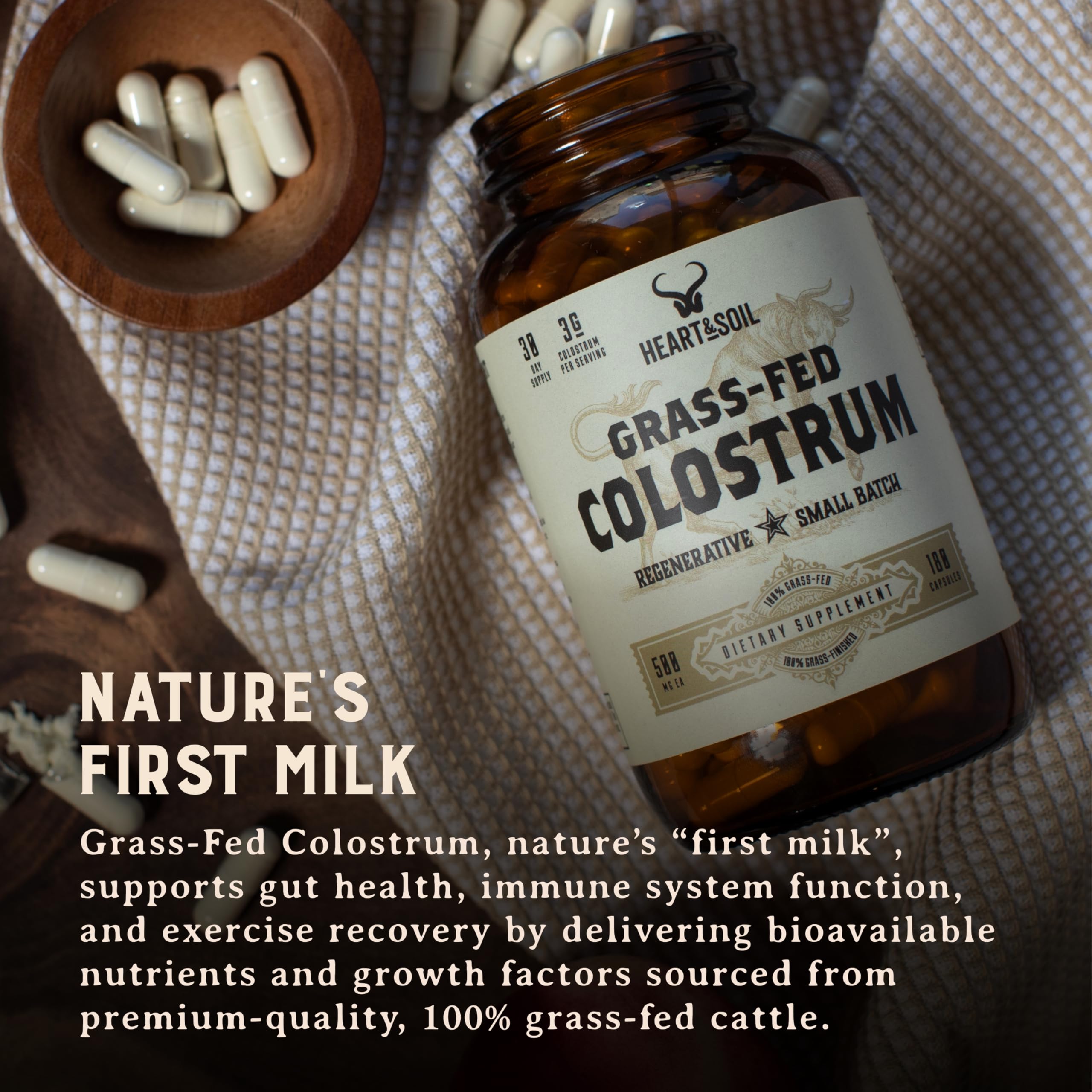 HEART & SOIL 100% Grass Fed & Finished Colostrum Supplement from Regenerative Cattle for Gut, Muscle & Immune Health – 3000mg Bovine Colostrum Capsules - Gut Health for Men & Women –180 Capsules HEART & SOIL Au supplements