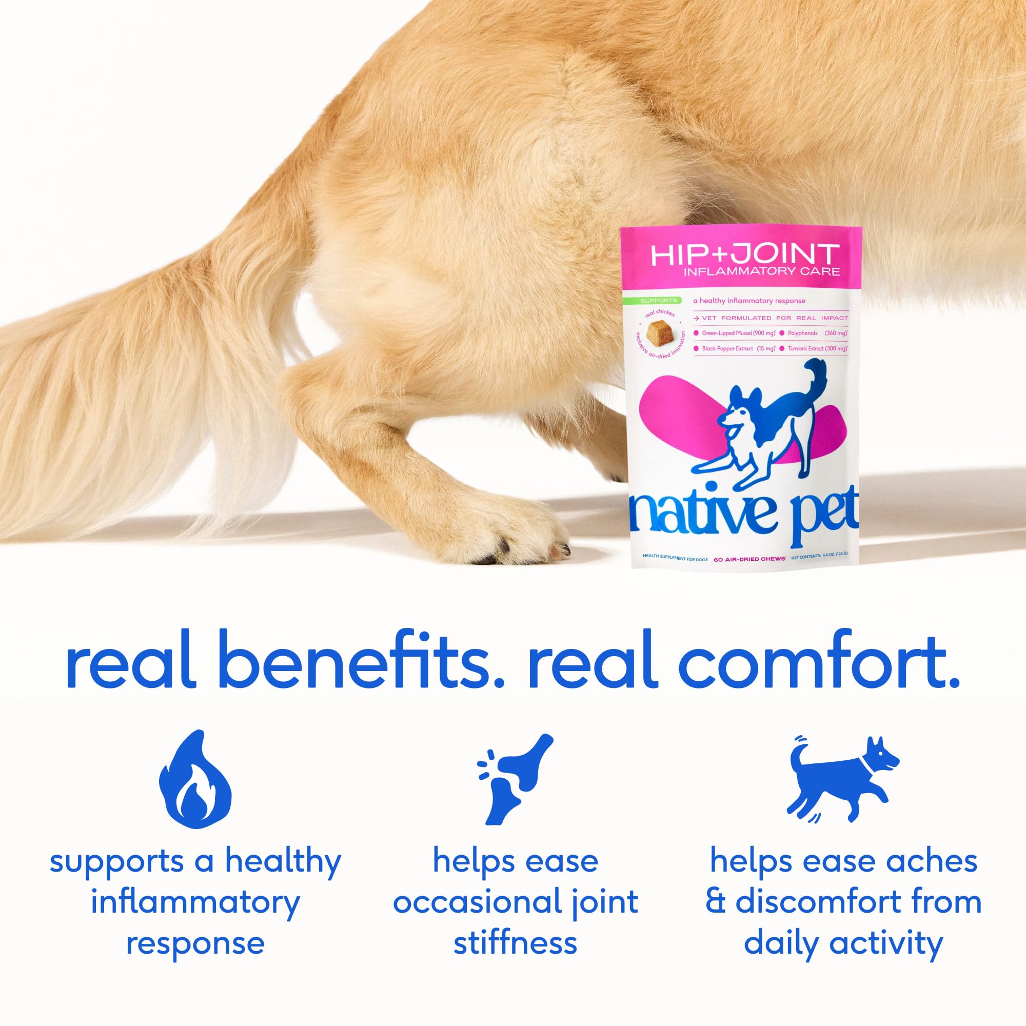 Native Pet Inflammatory Care - Pain Relief for Dogs - Green-Lipped Mussel, Turmeric & Collagen for Dogs - Hip and Joint Supplement Supports Healthy Inflammatory Response & Joint Comfort - 60 Chews Native Pet Au supplements