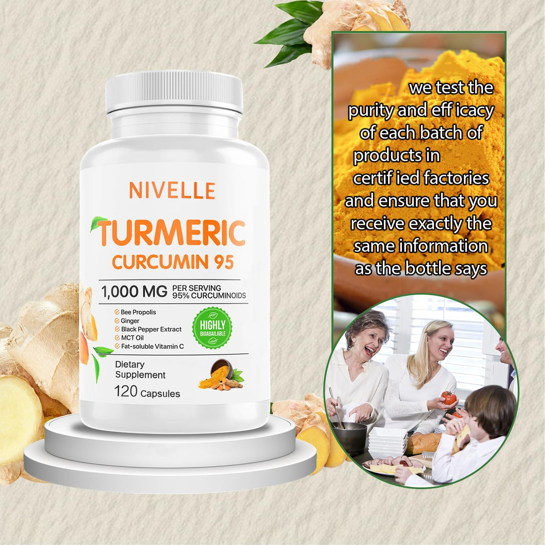 NIVELLE Turmeric Curcumin | Pure Turmeric Curcumin Supplement 1000mg | 95% Curcuminoids with Bee Propolis, Ginger, MCT Oil, Fat Soluble Vitamin C, & Black Pepper | 120 Capsules (1) NIVELLE Au supplements