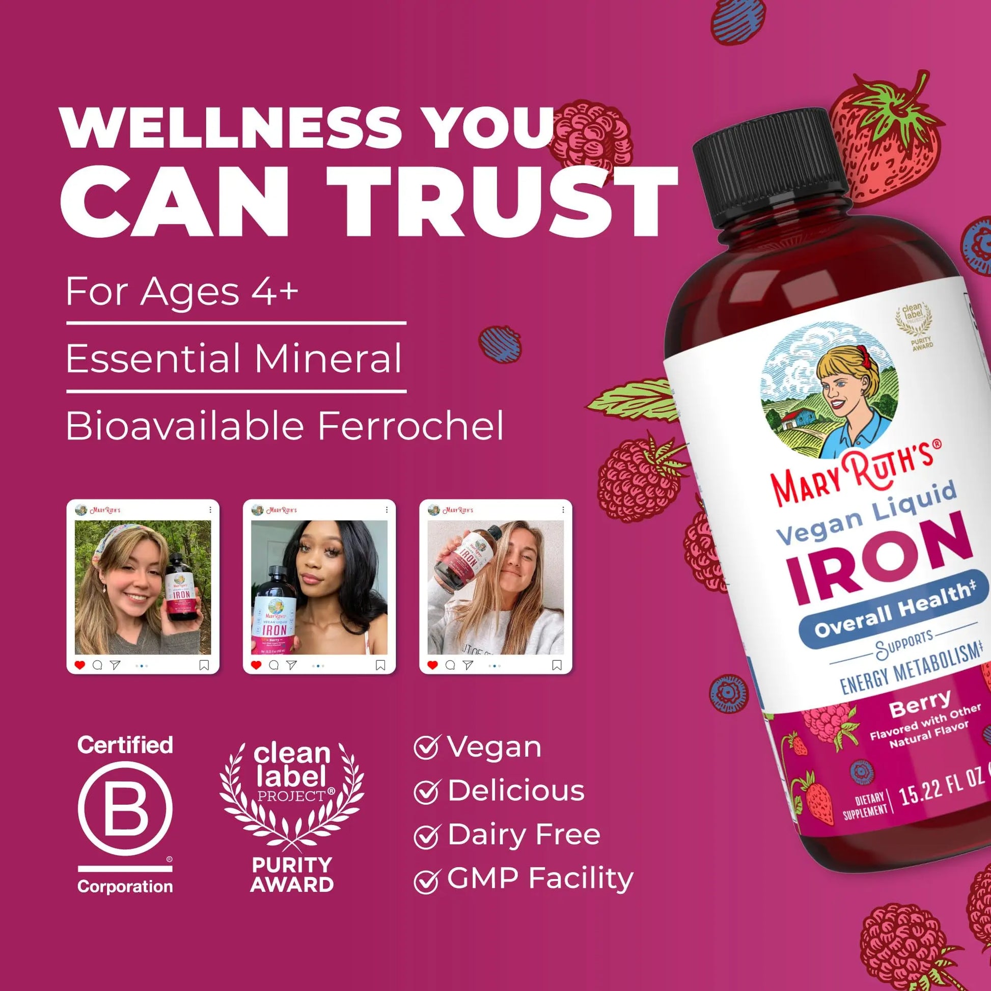Iron Supplement for Women Men & Kids | Liquid Iron Supplement for Women Men & Kids | Iron for Healthy Blood & Oxygen | Ages 4 & Up | Sugar Free | Vegan | Non-GMO | Gluten Free | 15.22 Fl Oz MARYRUTH'S Au supplements