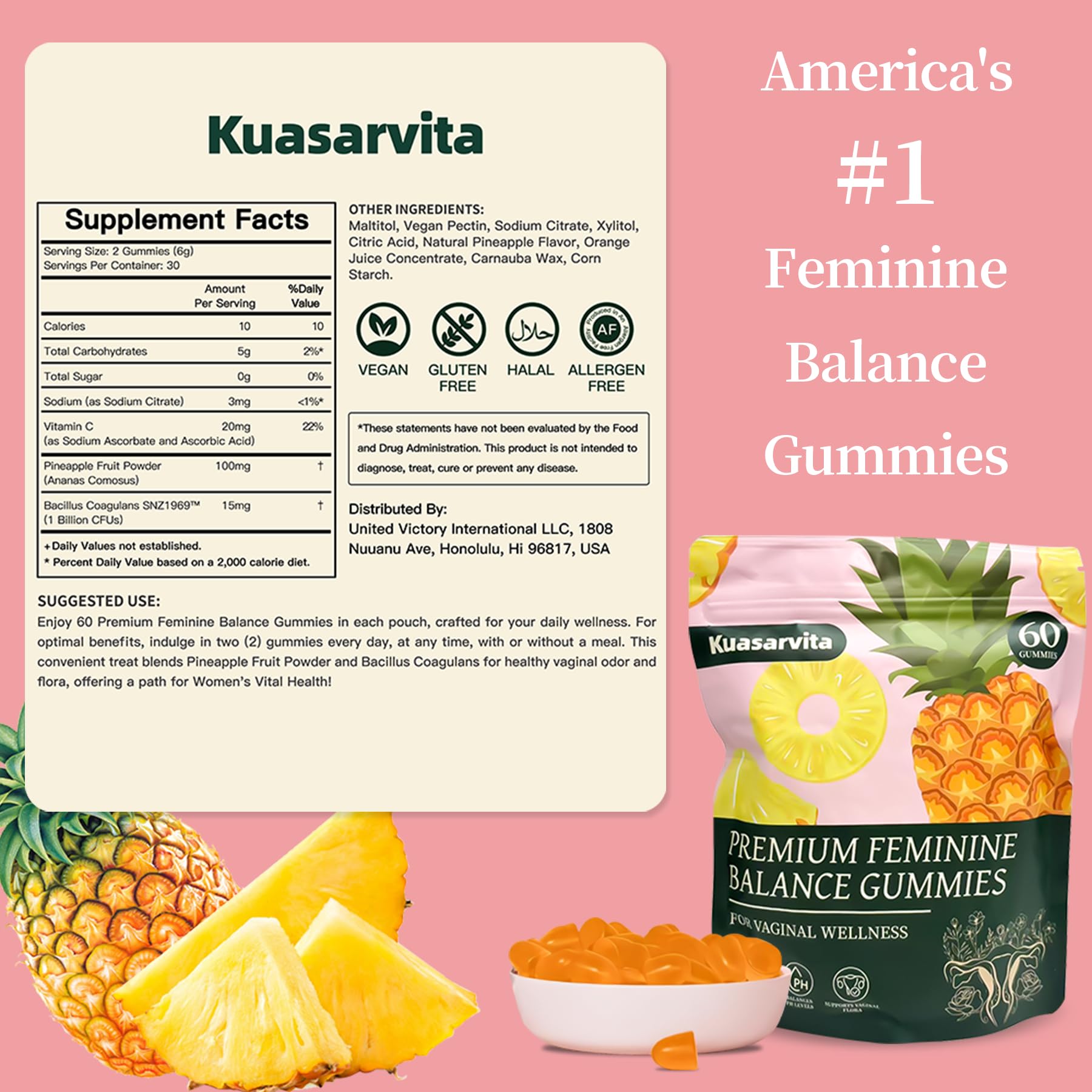 Kuasarvita Peeshlita Women’s Vaginal Probiotics Gummies – pH Balance Support + Feminine Wellness & Comfort, Pineapple Flavor, Natural Probiotic Blend – 60 Gummies Kuasarvita Au supplements