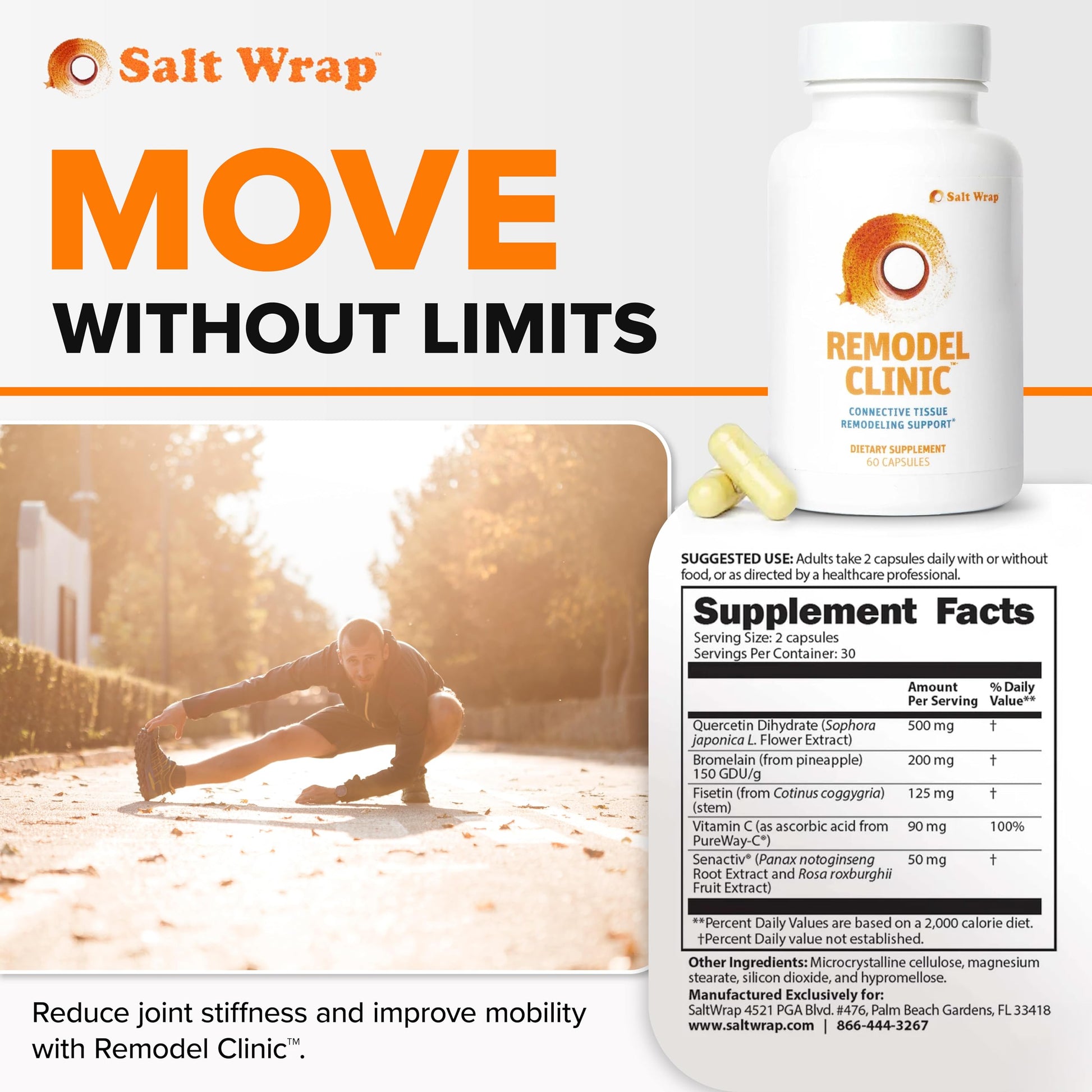 SaltWrap Remodel Clinic - Joint Remodeling Supplement for Senescent Cell Removal and Scar Tissue - Improve Mobility, Reduce Connective Tissue Stiffness - Fisetin, Quercetin, Bromelain - 60 Capsules SaltWrap Au supplements