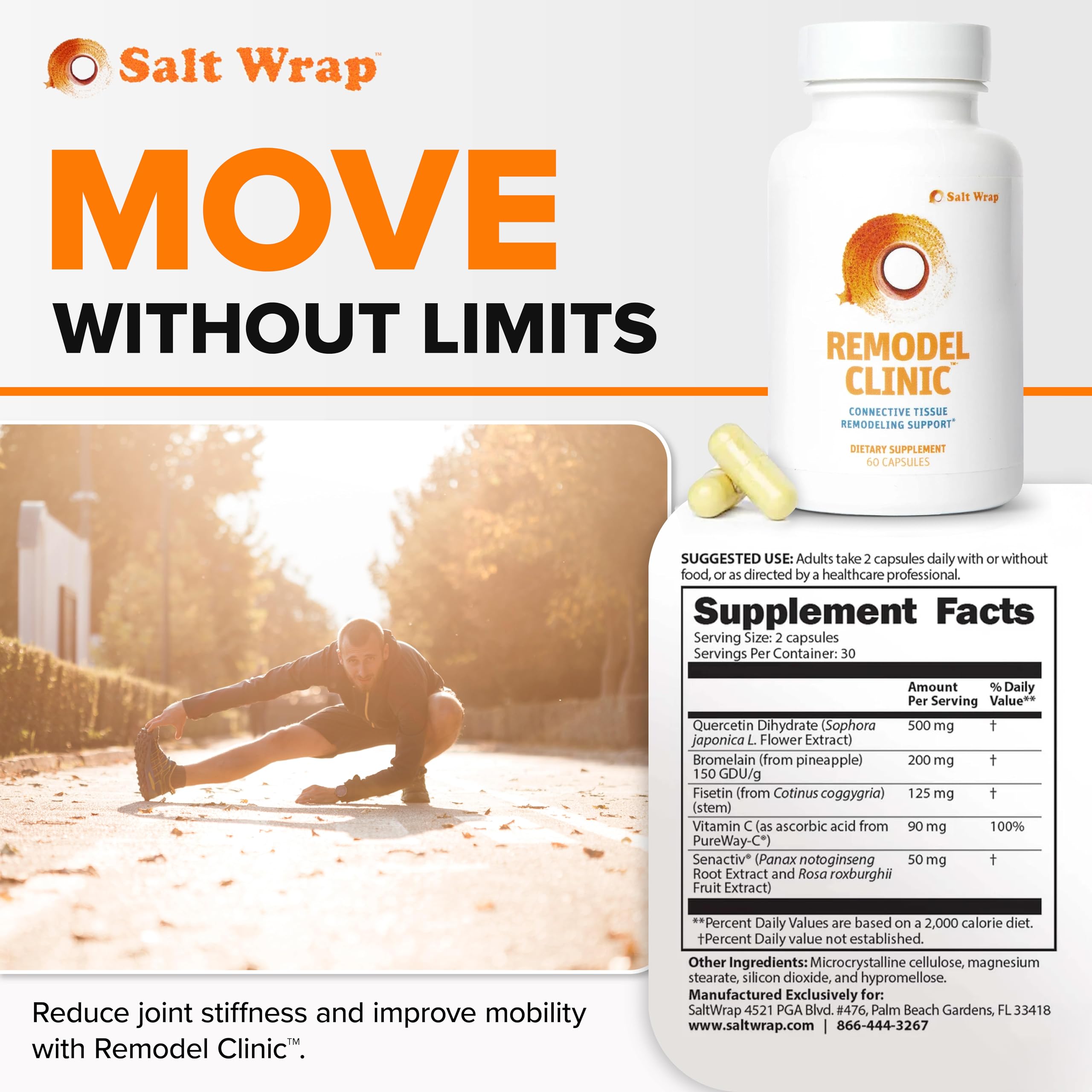 SaltWrap Remodel Clinic - Joint Remodeling Supplement for Senescent Cell Removal and Scar Tissue - Improve Mobility, Reduce Connective Tissue Stiffness - Fisetin, Quercetin, Bromelain - 60 Capsules SaltWrap Au supplements