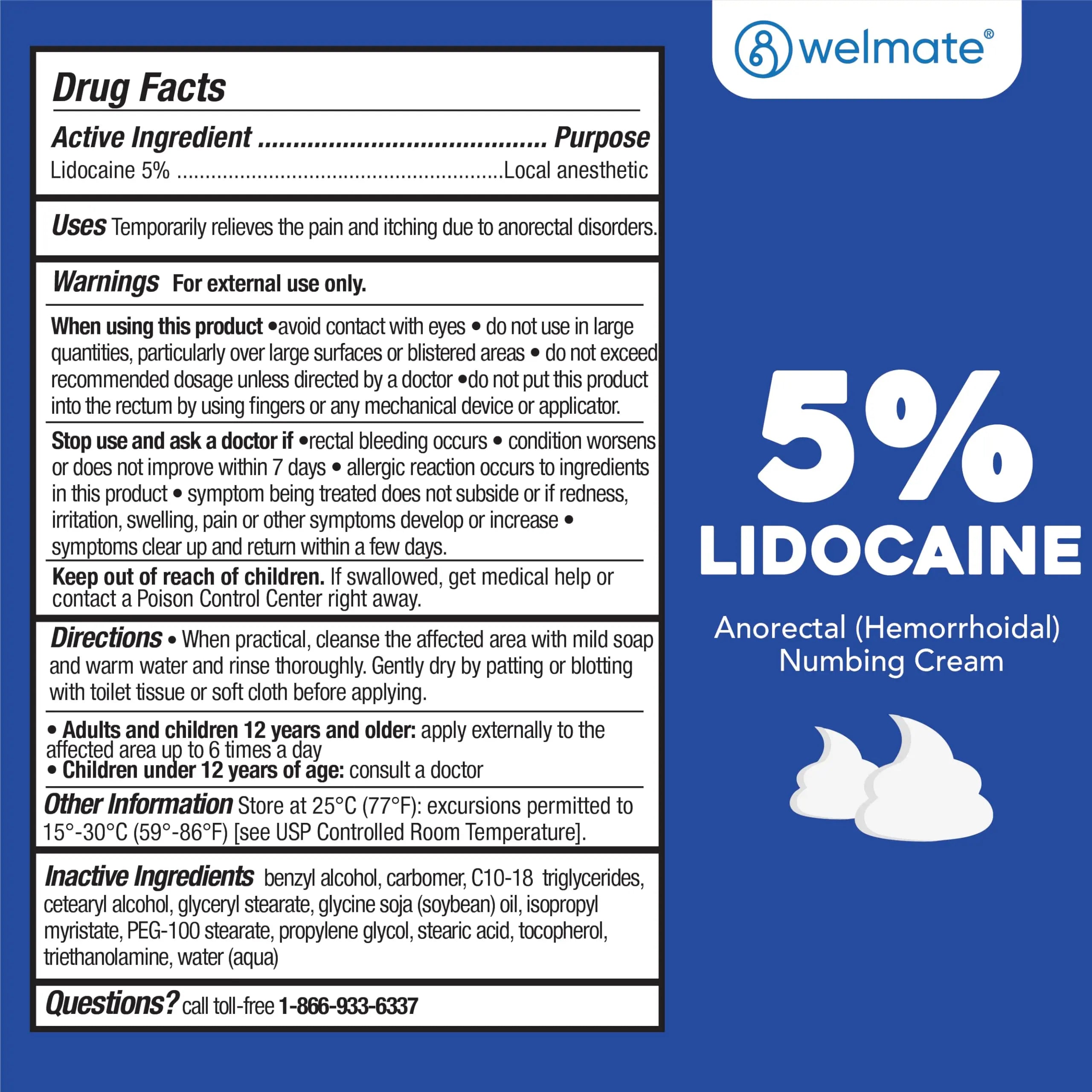 WELMATE 5% Lidocaine Cream for Hemorrhoids – Fast-Acting Lidocaine Numbing Cream & Topical Analgesic Cream for Anorectal Itch Relief, Unscented, Child Resistant Packaging 2 oz (60g) WELMATE Au supplements