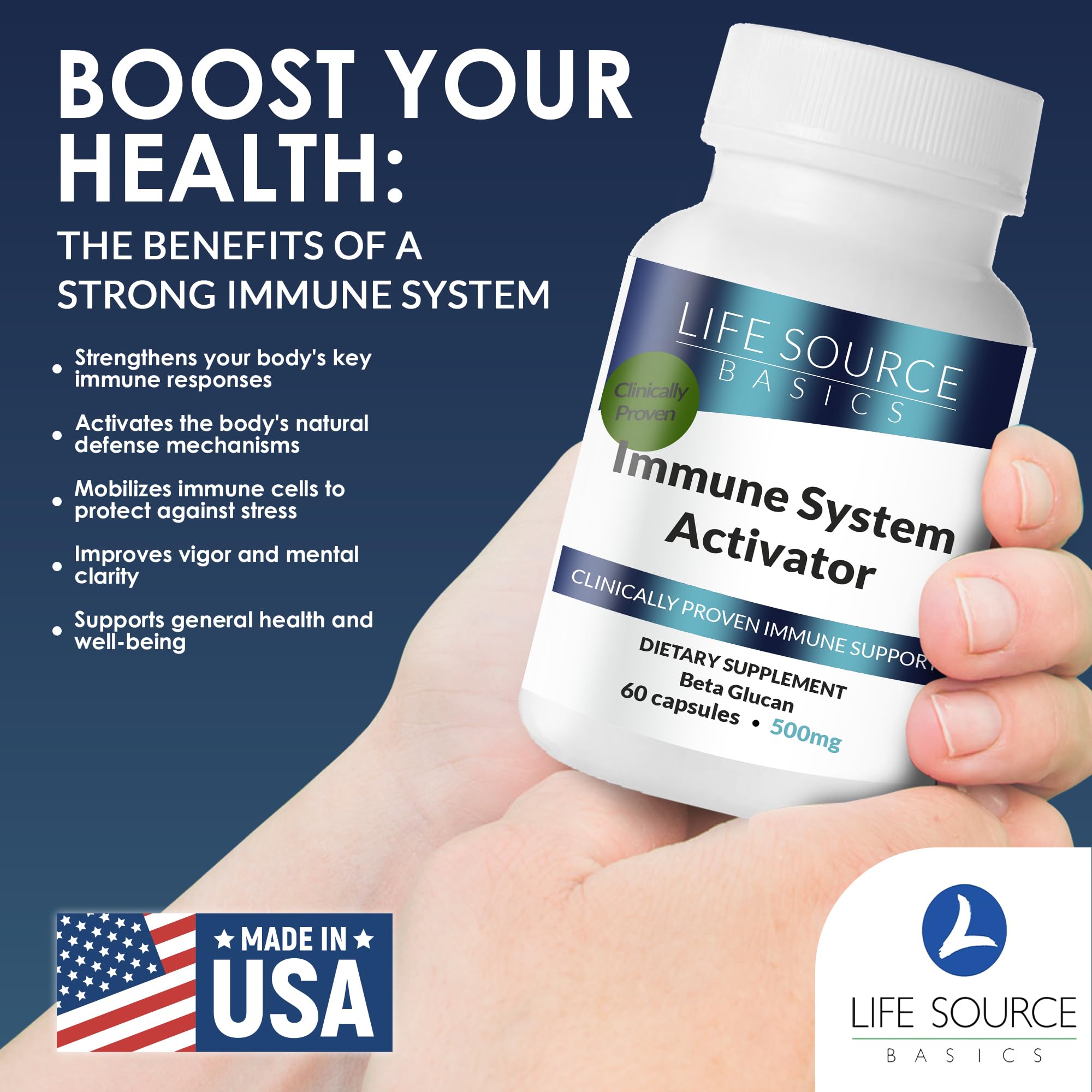 Life Source Basics Immune System Support Activator - High Purity Beta 1,3/1,6 Glucan - Immunity and Vitamin Supplement Non-GMO & Vegan Friendly for Men & Women, Gluten-Free 500 mg - 60 Capsules L LIFE SOURCE BASICS Au supplements