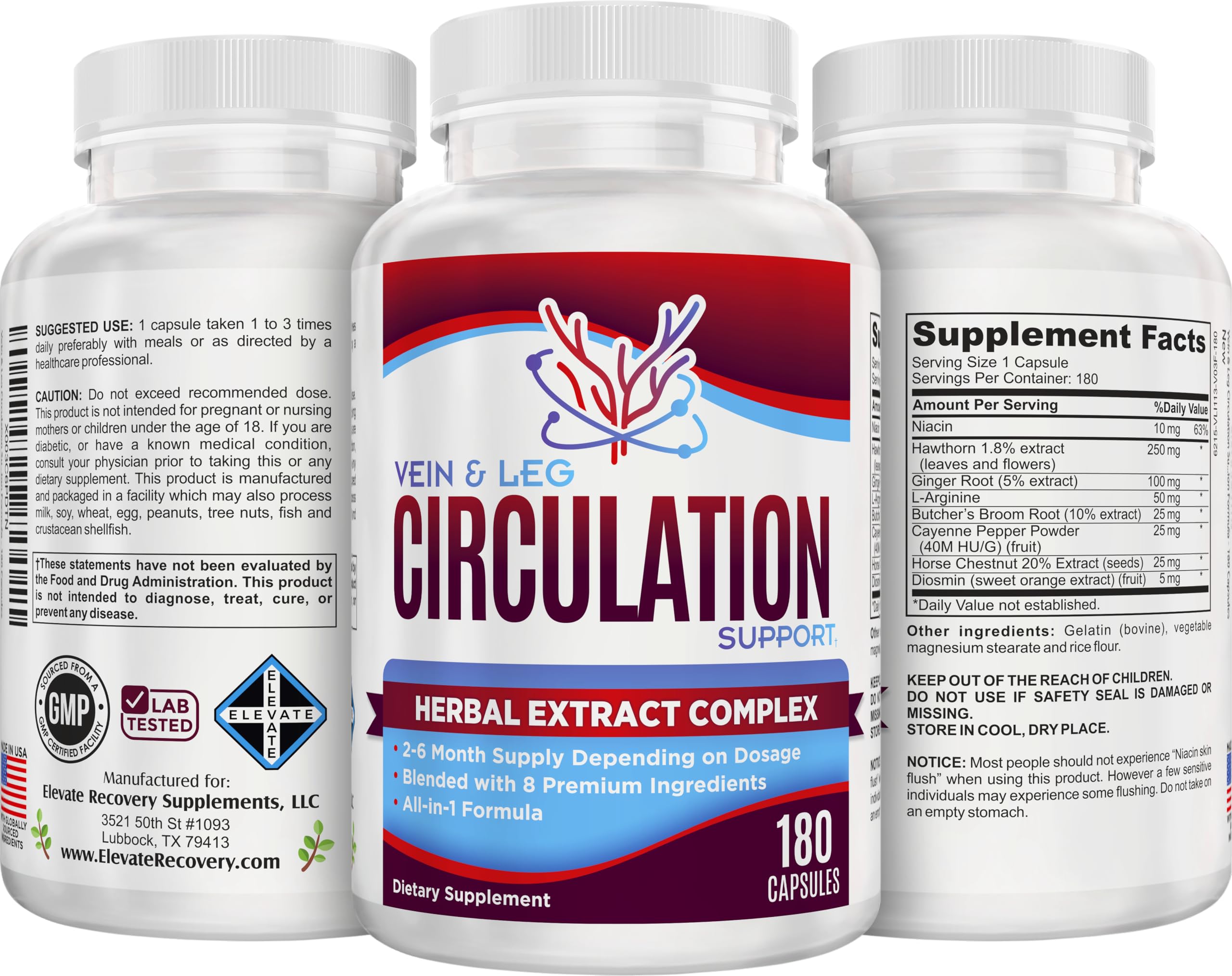 Vein & Leg Circulation (2-Month) Support Supplement with 8 Active Ingredients in 1 Formula | Leg + Vein | Blood Circulation Support Supplements | 60-Day Bulk Supply | 180 Capsules Elevate Recovery Supplements Au supplements