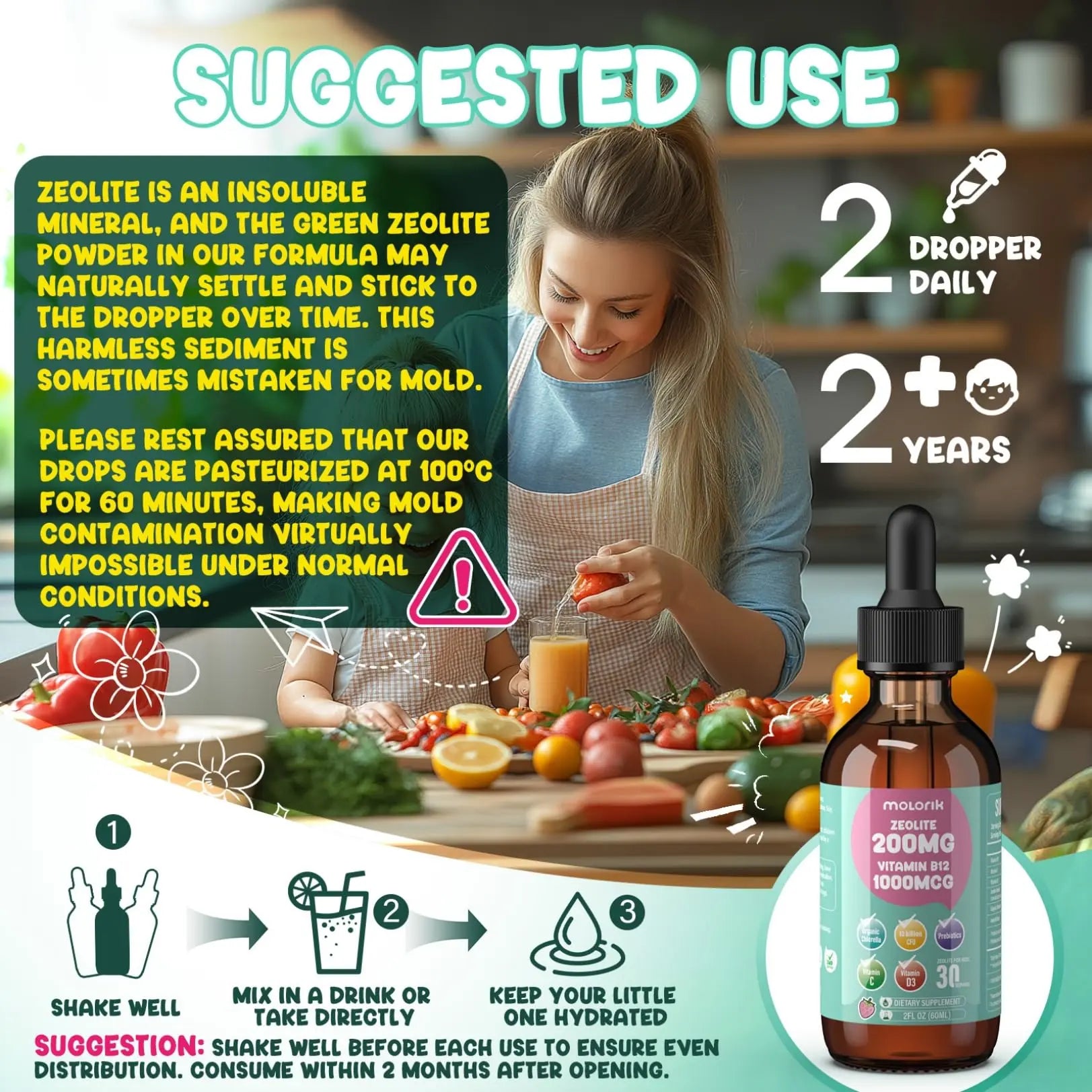 Zeolite Detox for Kids and Adults, 200mg Zeolite Liquid Drops with 1000mcg Vitamin B12, Organic Chlorella, 10 billion CFU & Prebiotics for Gut Support & Speech, Immune, Bone, Energy*, Strawberry, 60ML molorik pure Au supplements