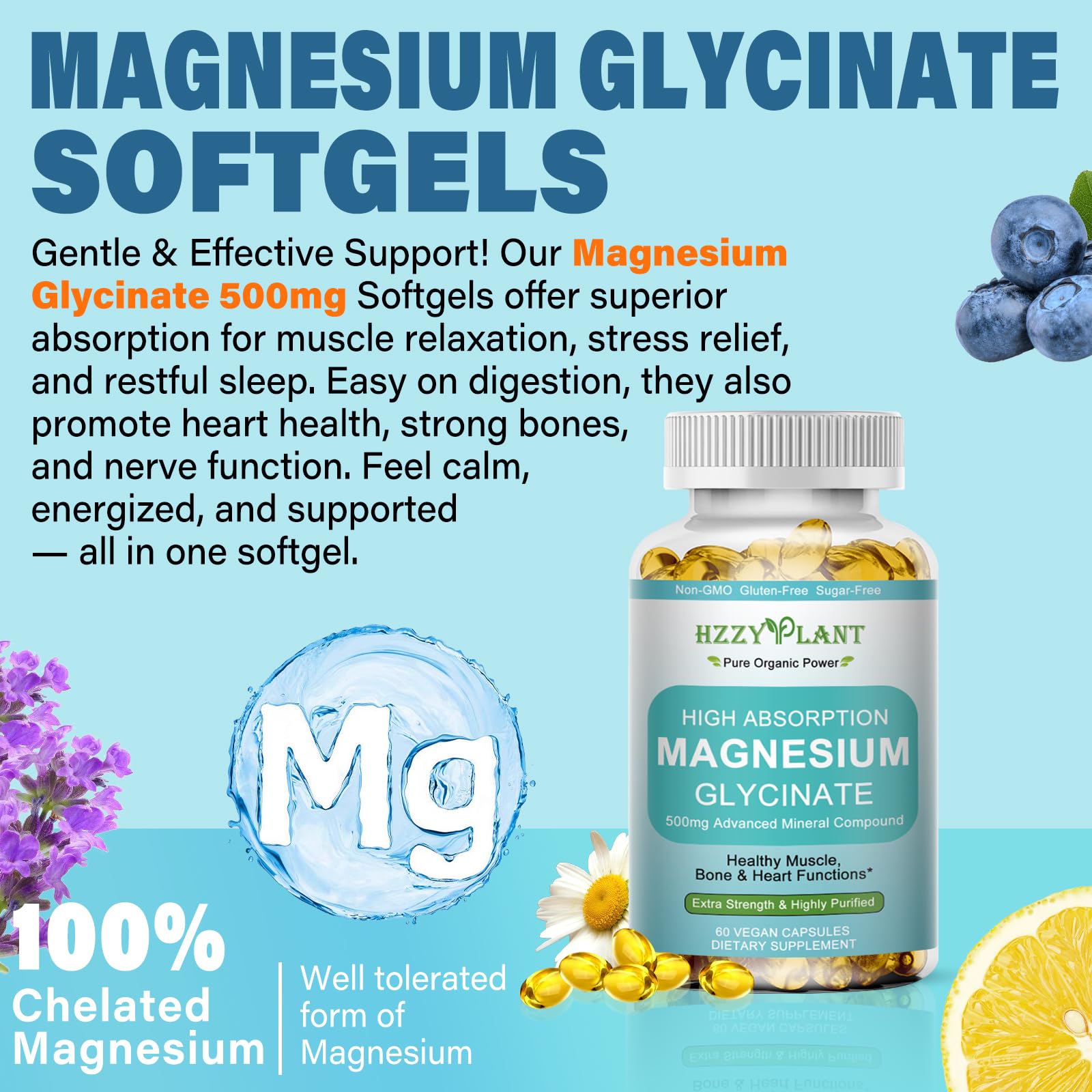 Magnesium Glycinate 500mg Softgels, High Absorption Magnesium Supplement Softgel Capsules for Muscle, Heart, Sleep & Bone Support, Stress Relief, Nerve Health & Metabolism, Non-GMO, 2 Month Supply HZZYPLANT Au supplements