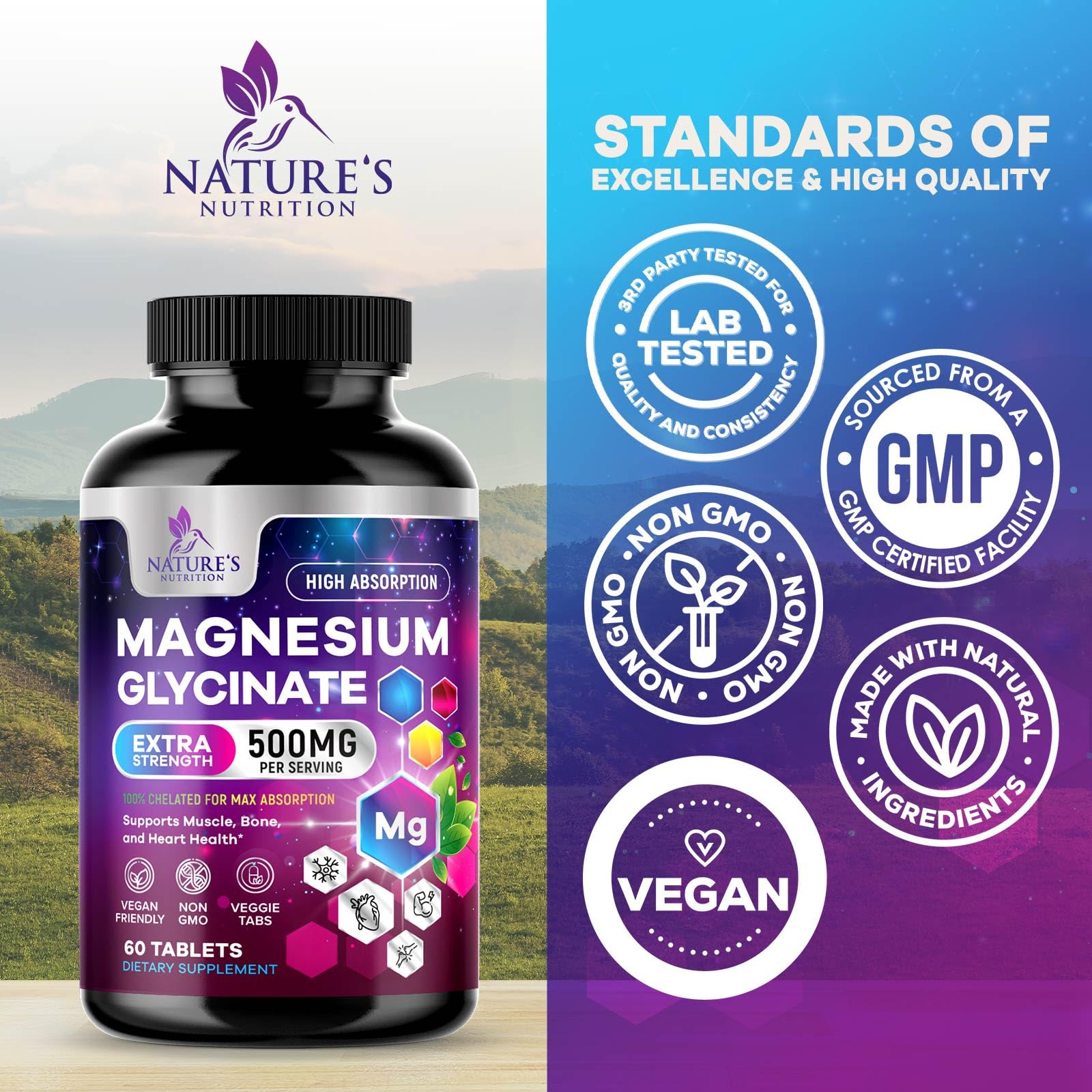 Magnesium Glycinate Supplement - 500mg Magnesium Per Serving - 100% Chelated & Purified - Supports Sleep, Heart Health, & Muscle Strength - Best Absorption Magnesium, Bottled in USA - 60 Tablets Nature's Nutrition Au supplements