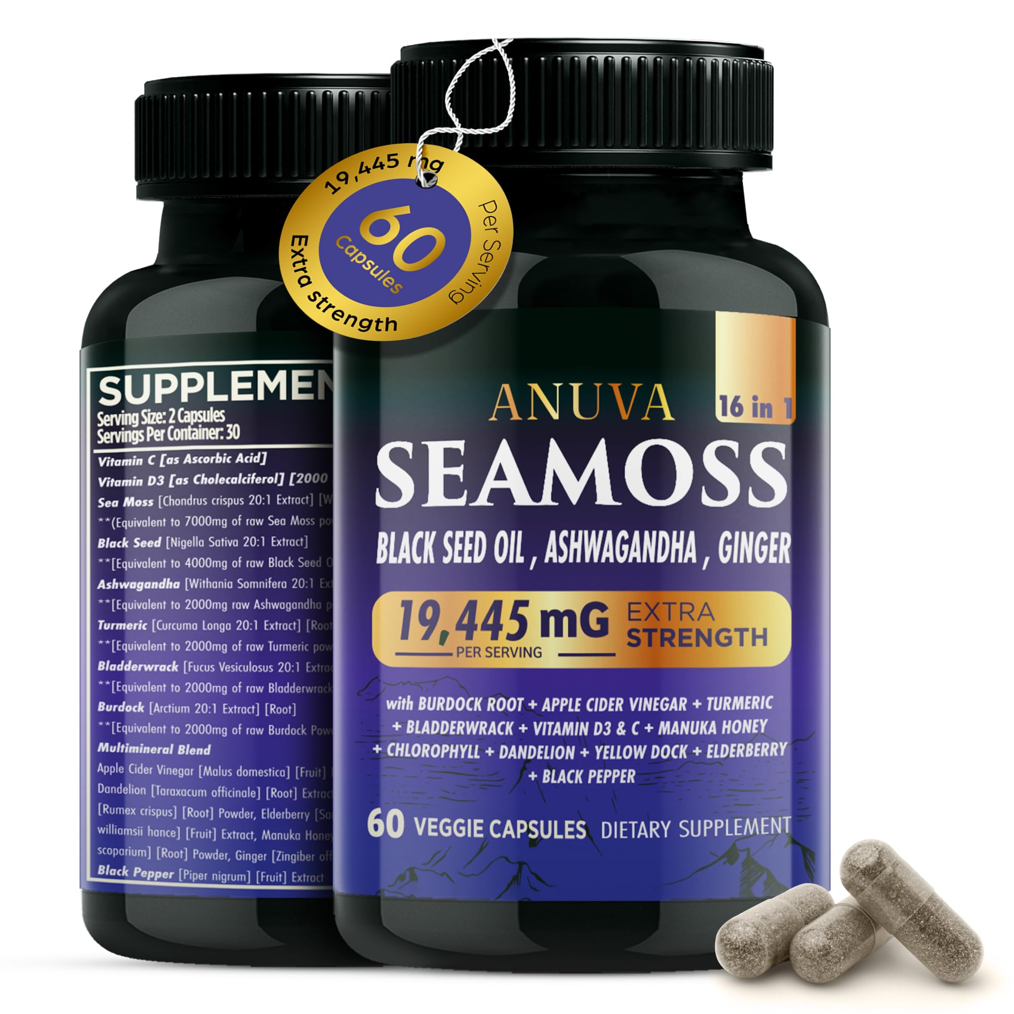 Anuva 16-in-1 Sea Moss Capsules | Black Seed Oil, Ashwagandha, with Vitamin C, D3, Turmeric, Burdock, Bladderwrack & Multi-Minerals | Immune, Skin, Joint & Energy Support | 60 Veggie Capsules Anuva Au supplements