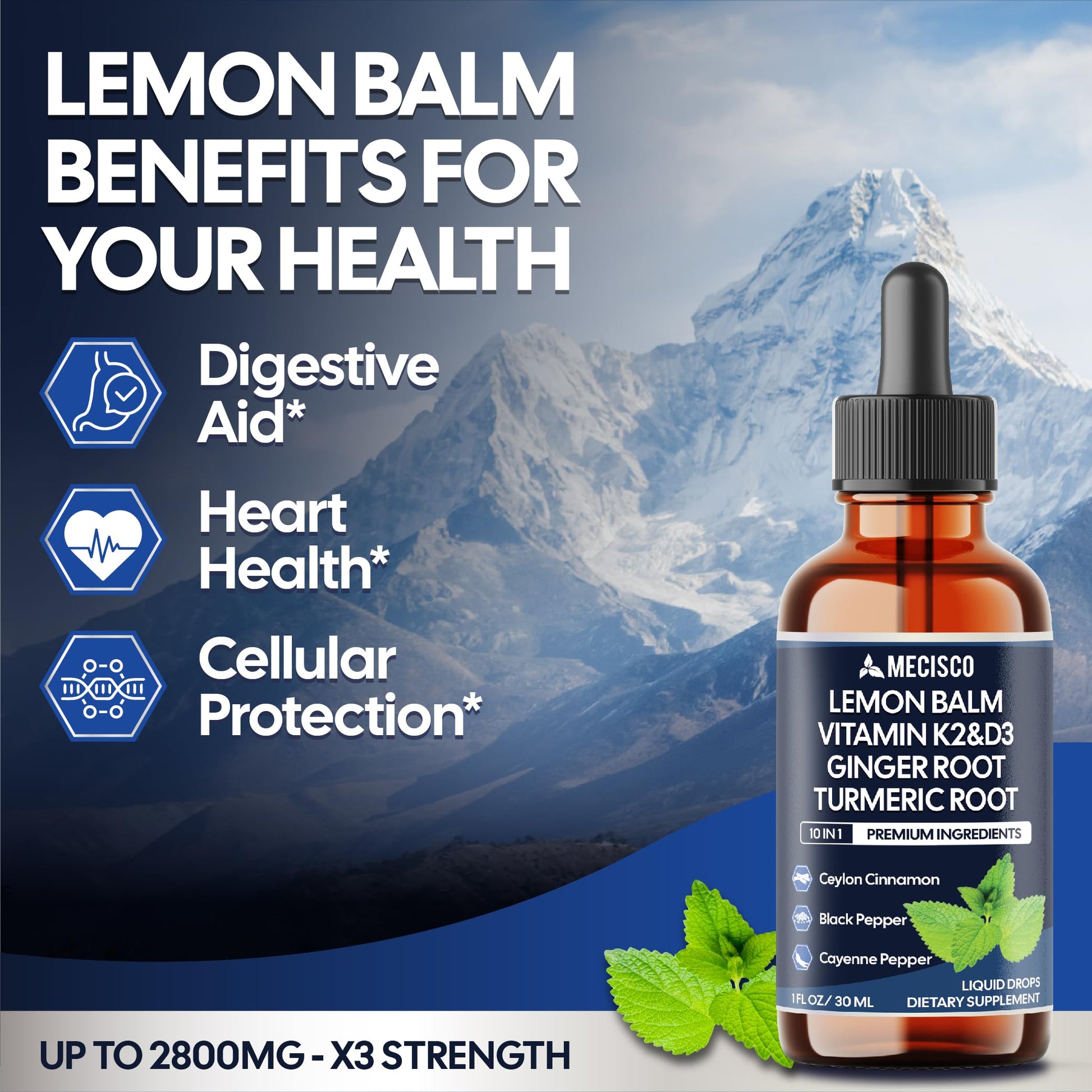 10in1 Lemon Balm Liquid Drops Blend Includes Vitamin D3, Vitamin K2, Lemon Balm, Ginger, Turmeric, Ceylon Cinnamon, Black Pepper, Cayenne Pepper, Berberine, Valerian Root - 1 FL Oz - 2 Month Supply Mecisco Au supplements