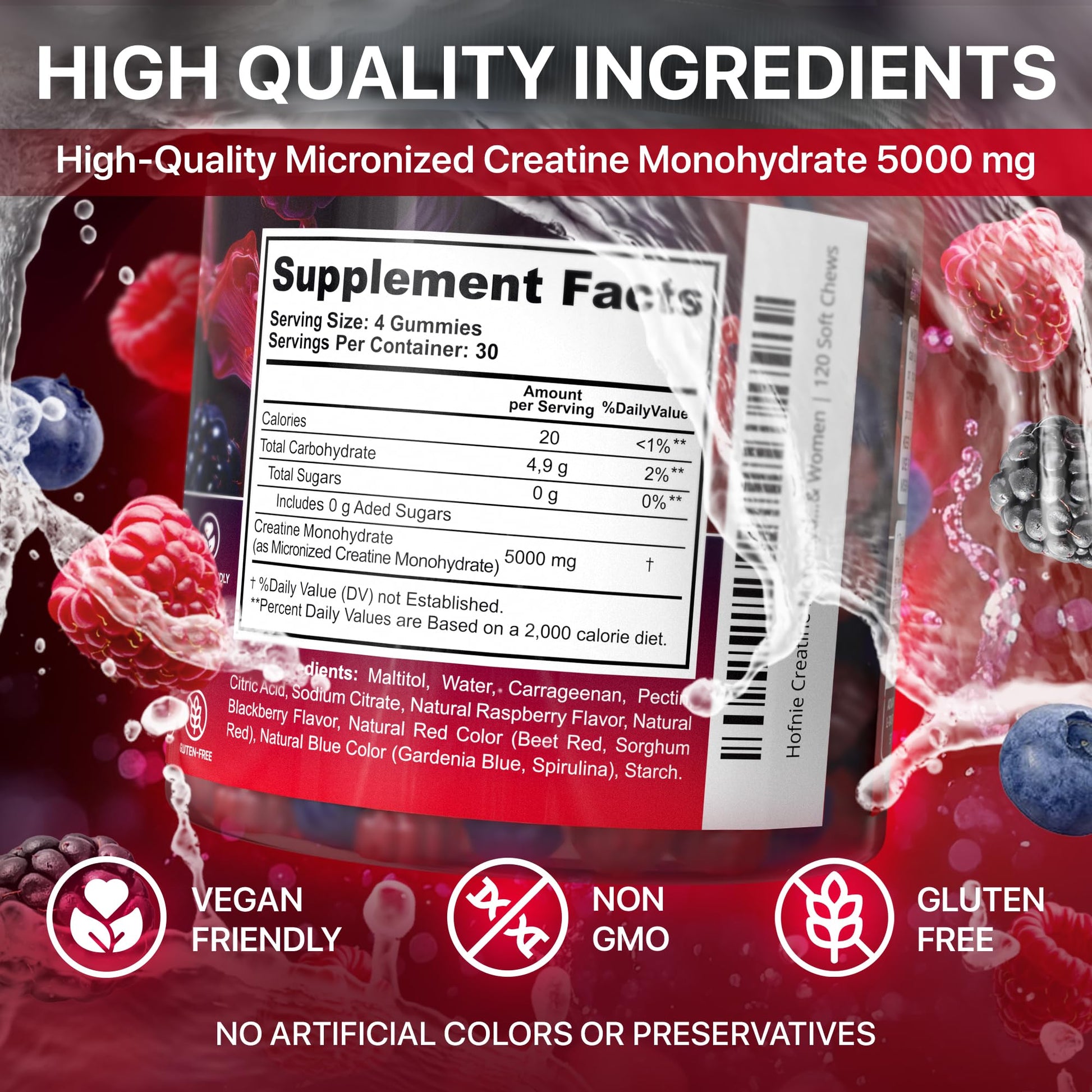 Hofnie Creatine Monohydrate Gummies 5000 mg – Vegan, Sugar-Free Pre Workout Creatine for Men & Women – Raspberry & BlackBerry Flavored Chewable Creatine Monohydrate, 120 Gummies (30-Day Supply) Hofnie Au supplements