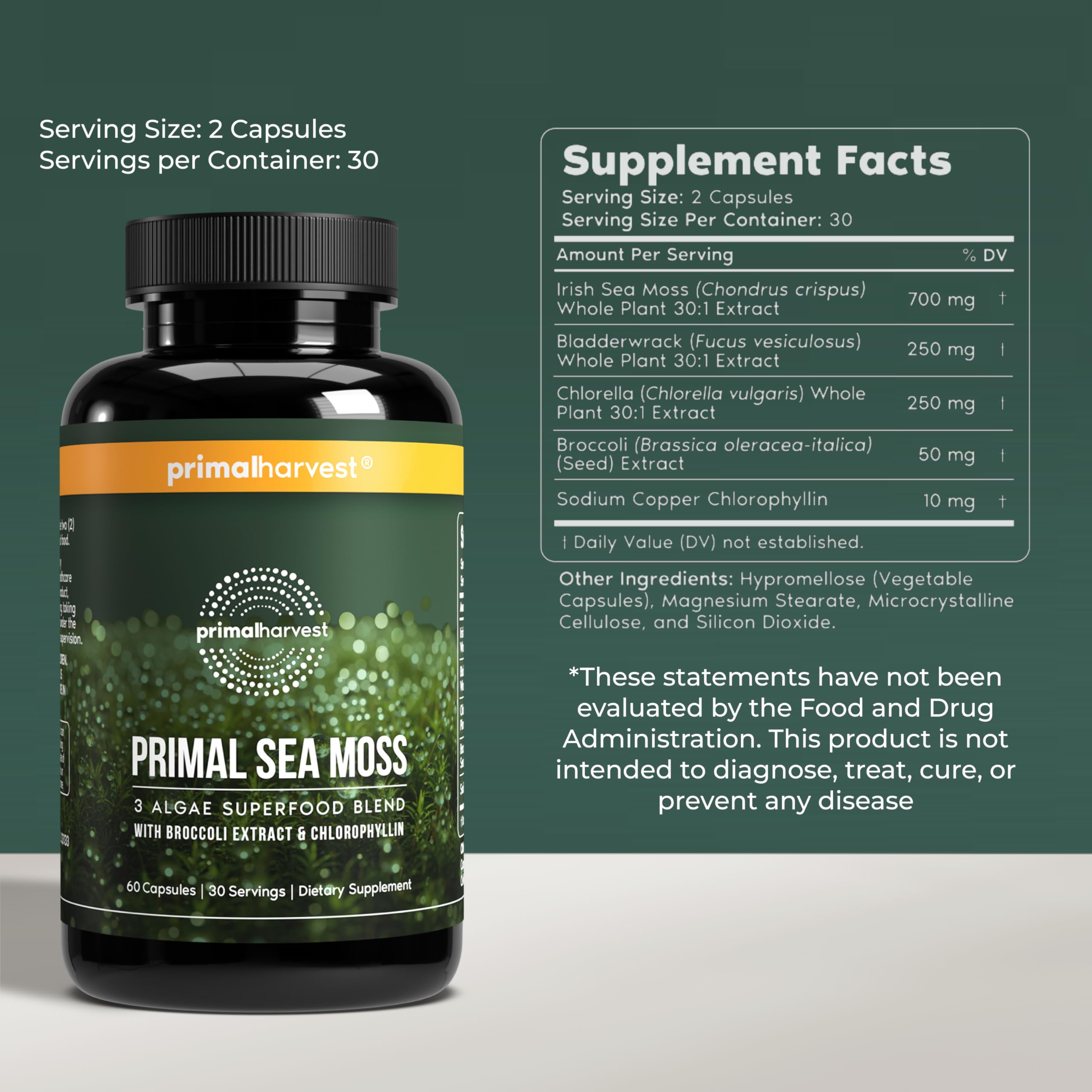 Primal Harvest Sea Moss Capsules with Bladderwack and Irish Sea Moss, Chlorella, Broccoli Seed Extract Plant-Based Supplements for Adults Primal Harvest Au supplements