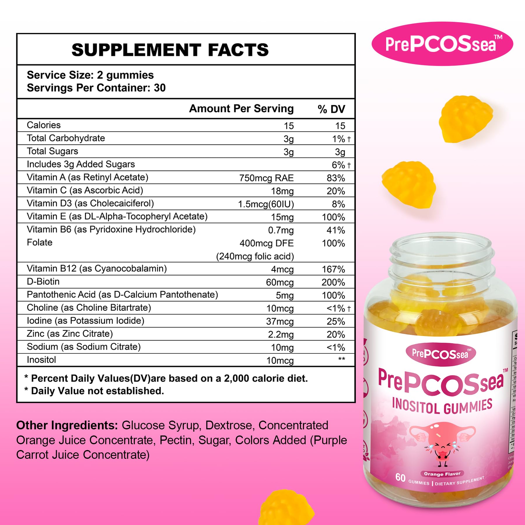 Feelherbs PrePCOSsea Inositol Gummies Vitamins, 2 Pack Orange Flavor Myo-Inositol Vitamin Gummies with Folate, B6, B12 & D-Biotin, 60 Count Soft Chews Feelherbs Au supplements