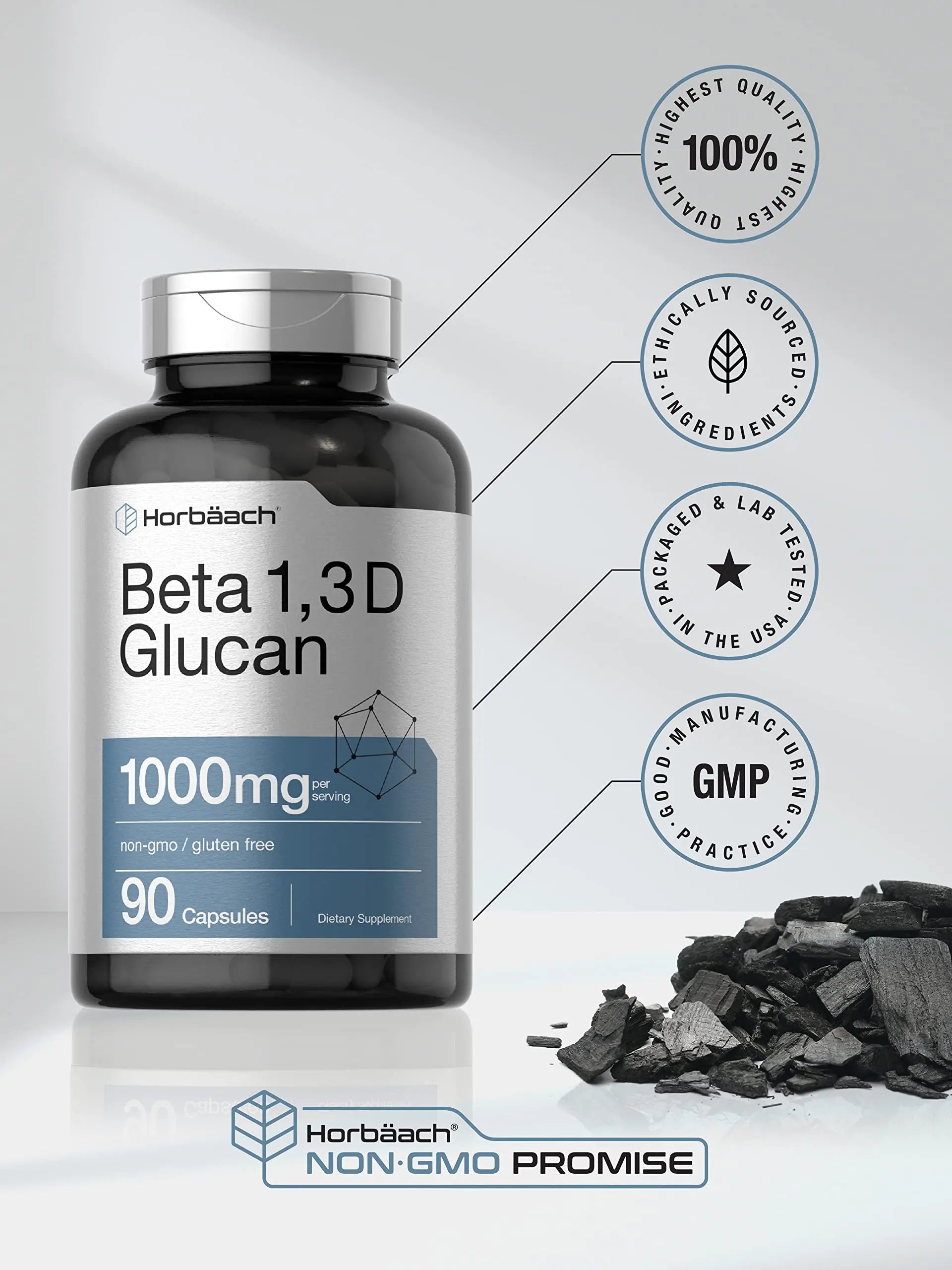 Beta Glucan 1 3D 1000 mg | 90 Capsules | Beta 1,3, 1,6 D Glucan | Non-GMO, Gluten Free Horbäach Au supplements