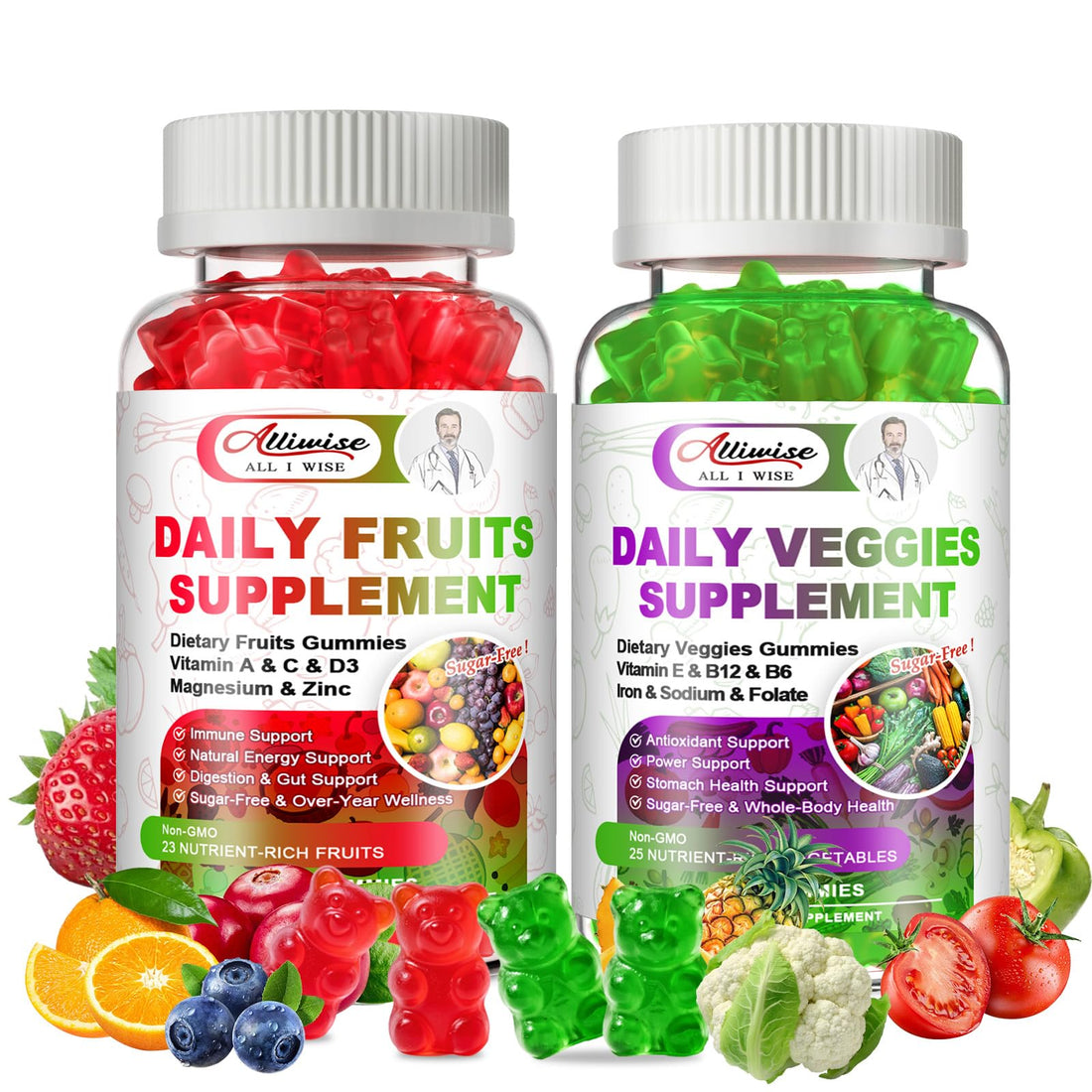 Sugar-Free Fruits & Veggies Gummies, Super Greens with 23 Fruits & 25 Veggies, Multivitamin Minerals & Fiber, Vegan Fruit & Vegetable Supplement for Adults, 120 Gummies, 2 Month Supply Alliwise Au supplements