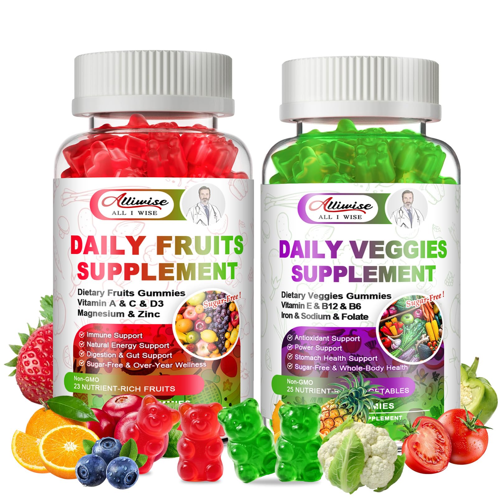 Sugar-Free Fruits & Veggies Gummies, Super Greens with 23 Fruits & 25 Veggies, Multivitamin Minerals & Fiber, Vegan Fruit & Vegetable Supplement for Adults, 120 Gummies, 2 Month Supply Alliwise Au supplements