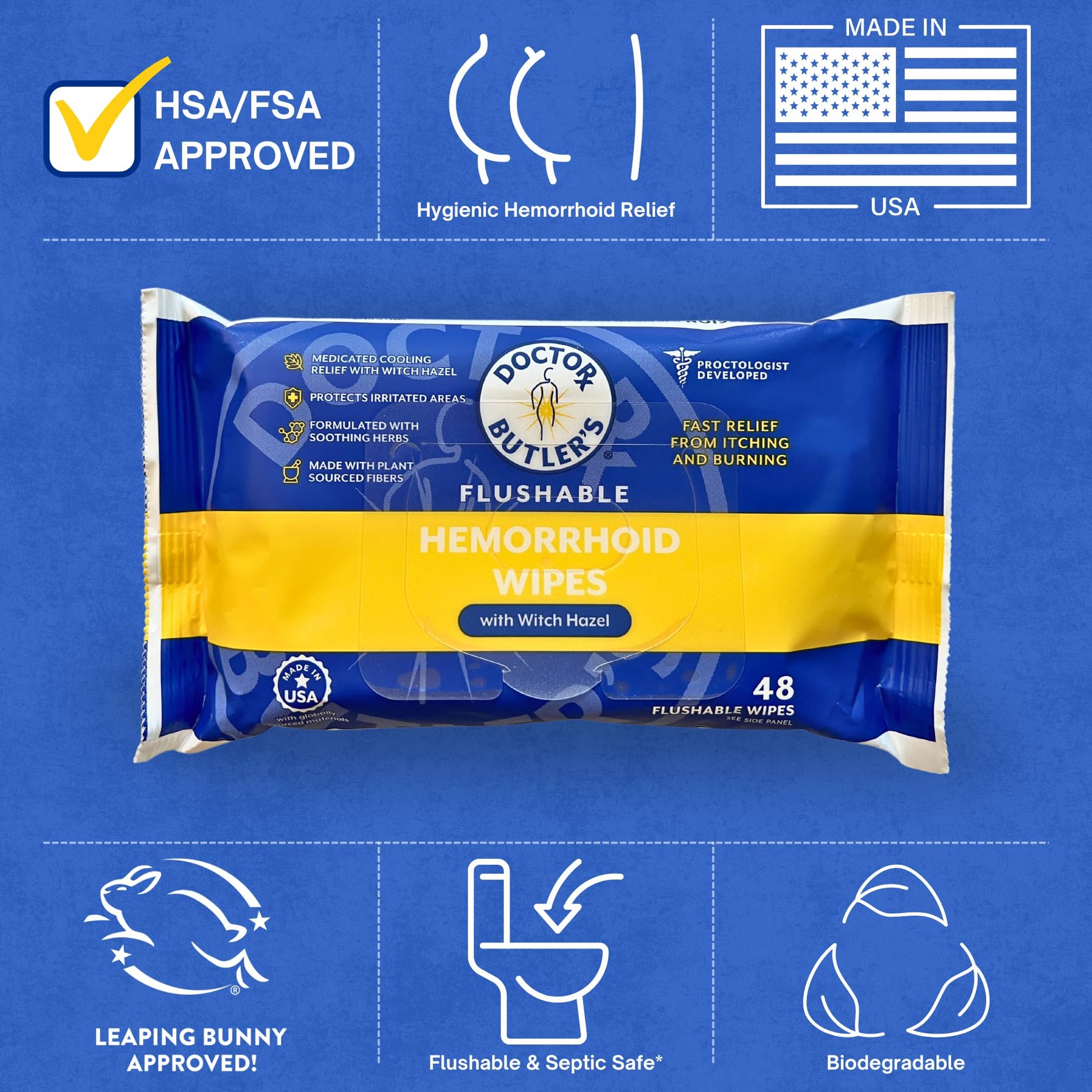 Doctor Butler's Flushable Hemorrhoid Wipes – Flushable Wipes with Witch Hazel to Soothe and Bring Relief from Discomfort Associated with Hemorrhoids (48 Wipes) Doctor Butler's Au supplements
